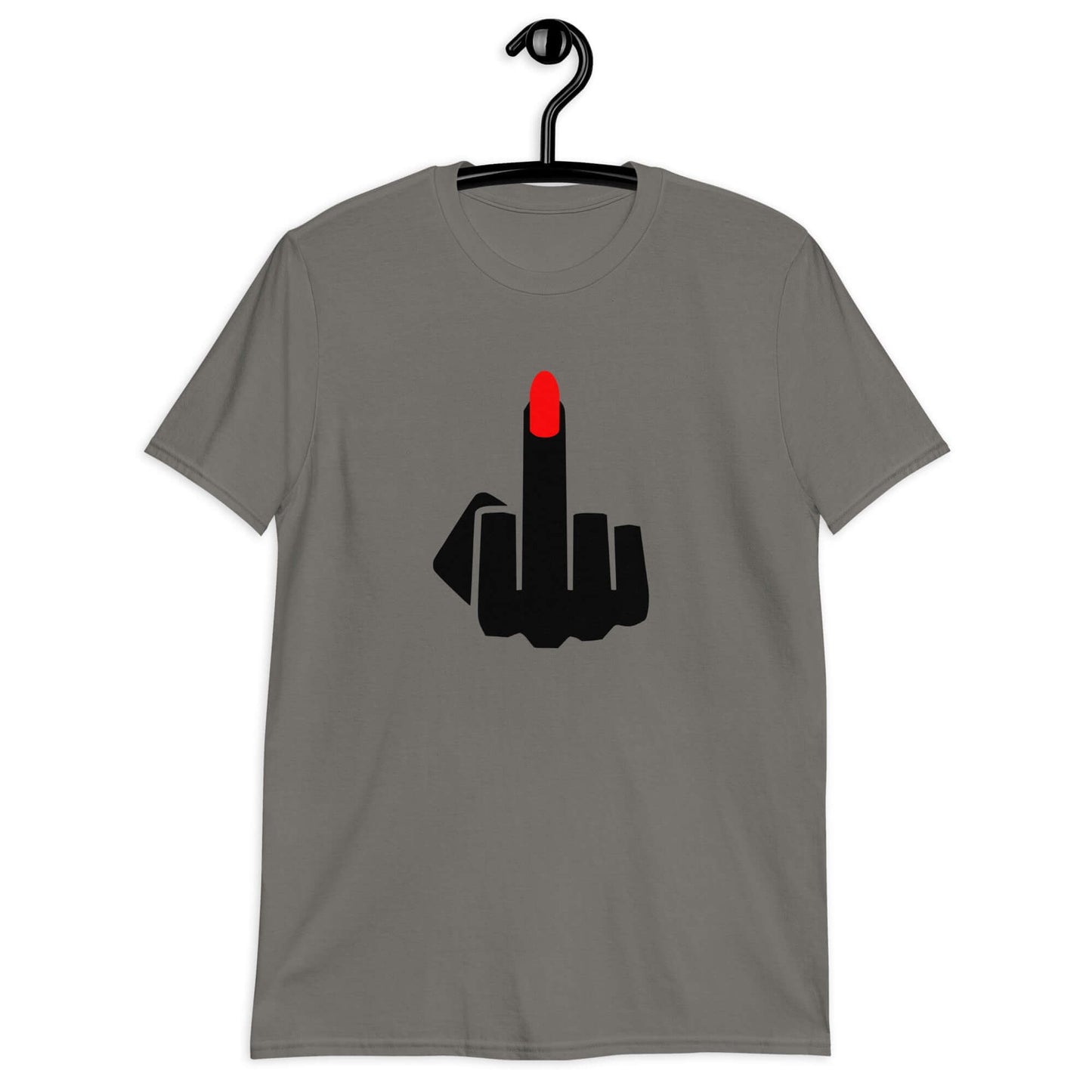 Charcoal t-shirt with an image of a middle finger with long red fingernail silhouette printed on the front.