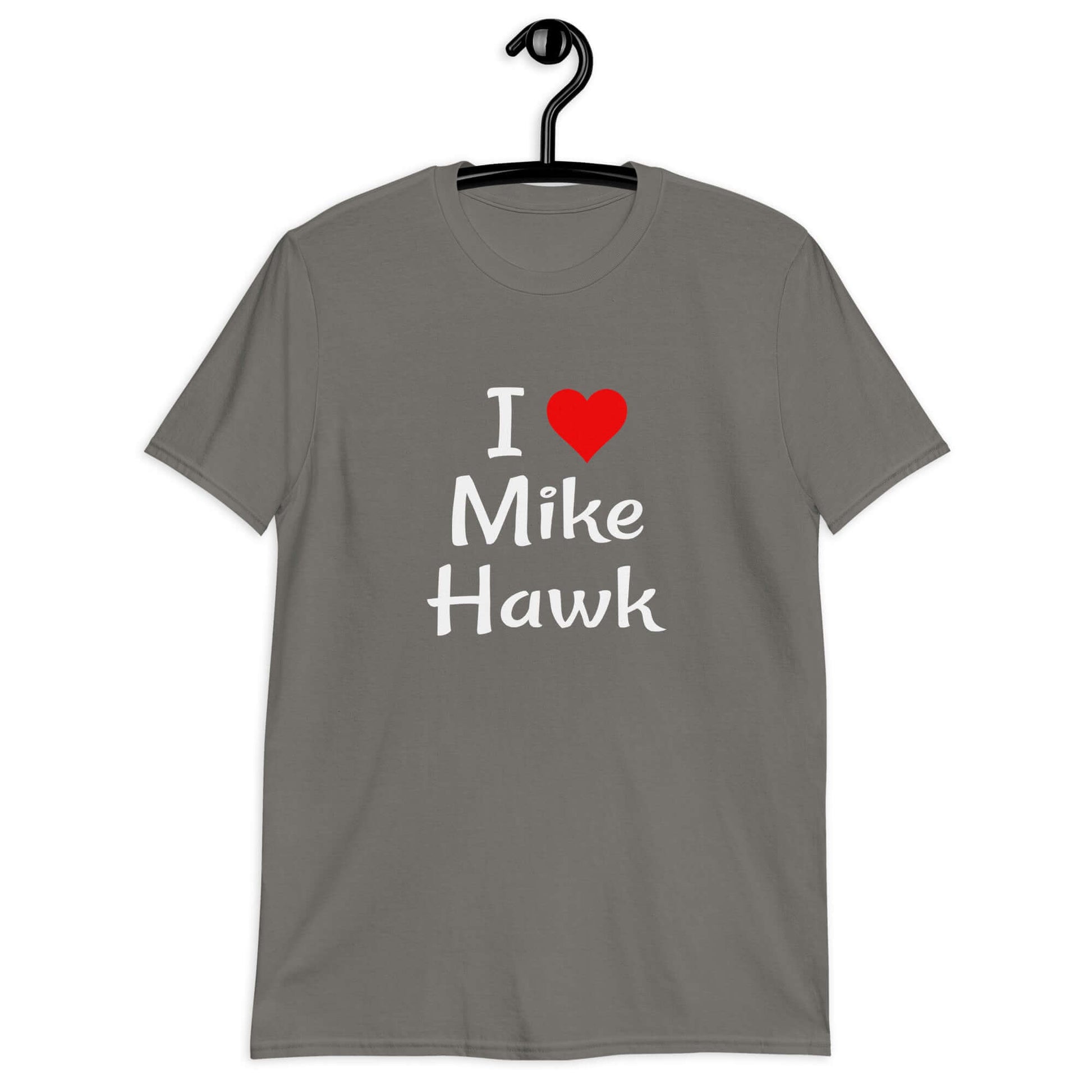 Charcoal t-shirt with the pun I heart Mike Hawk printed on the front.