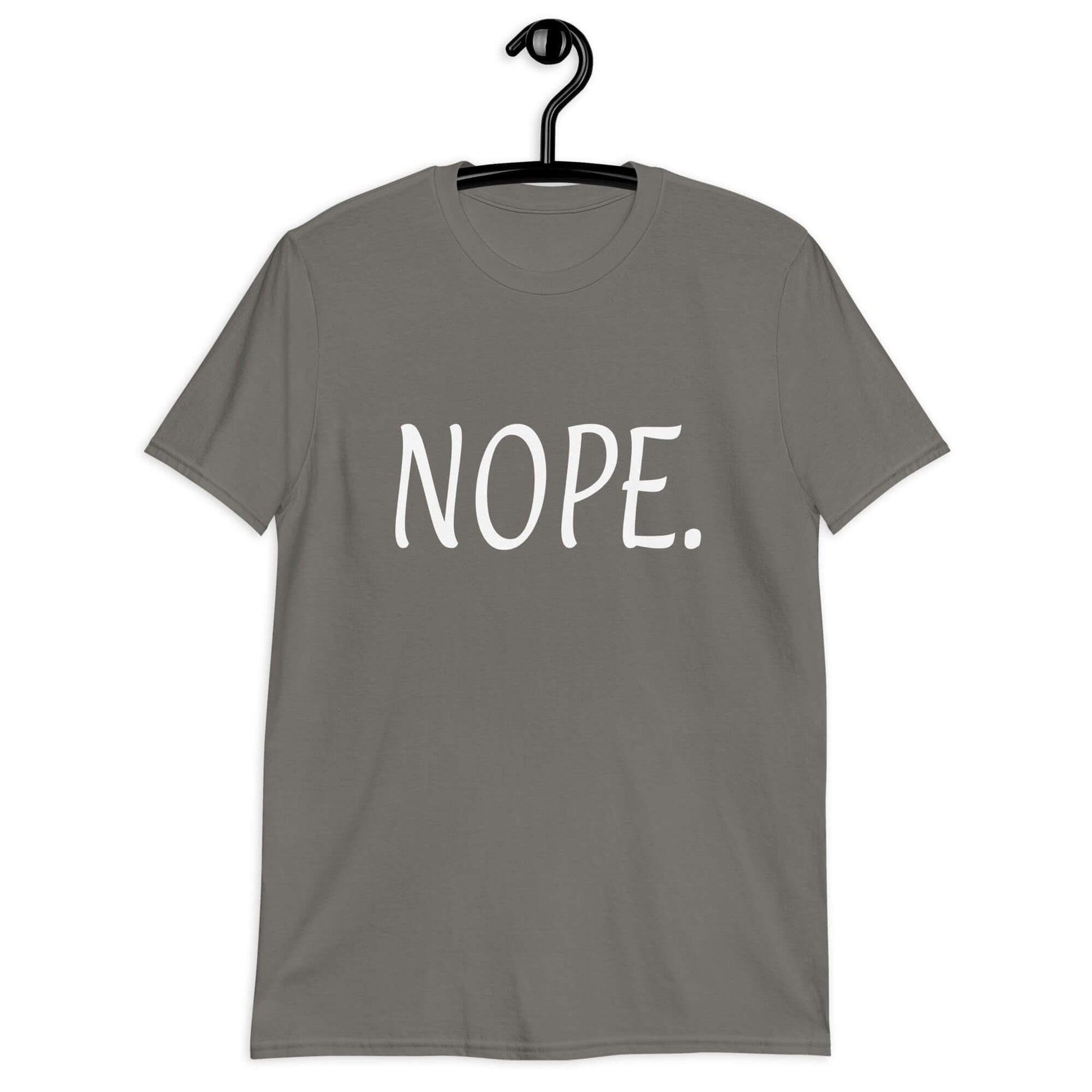 Charcoal t-shirt with the word Nope printed on the front.