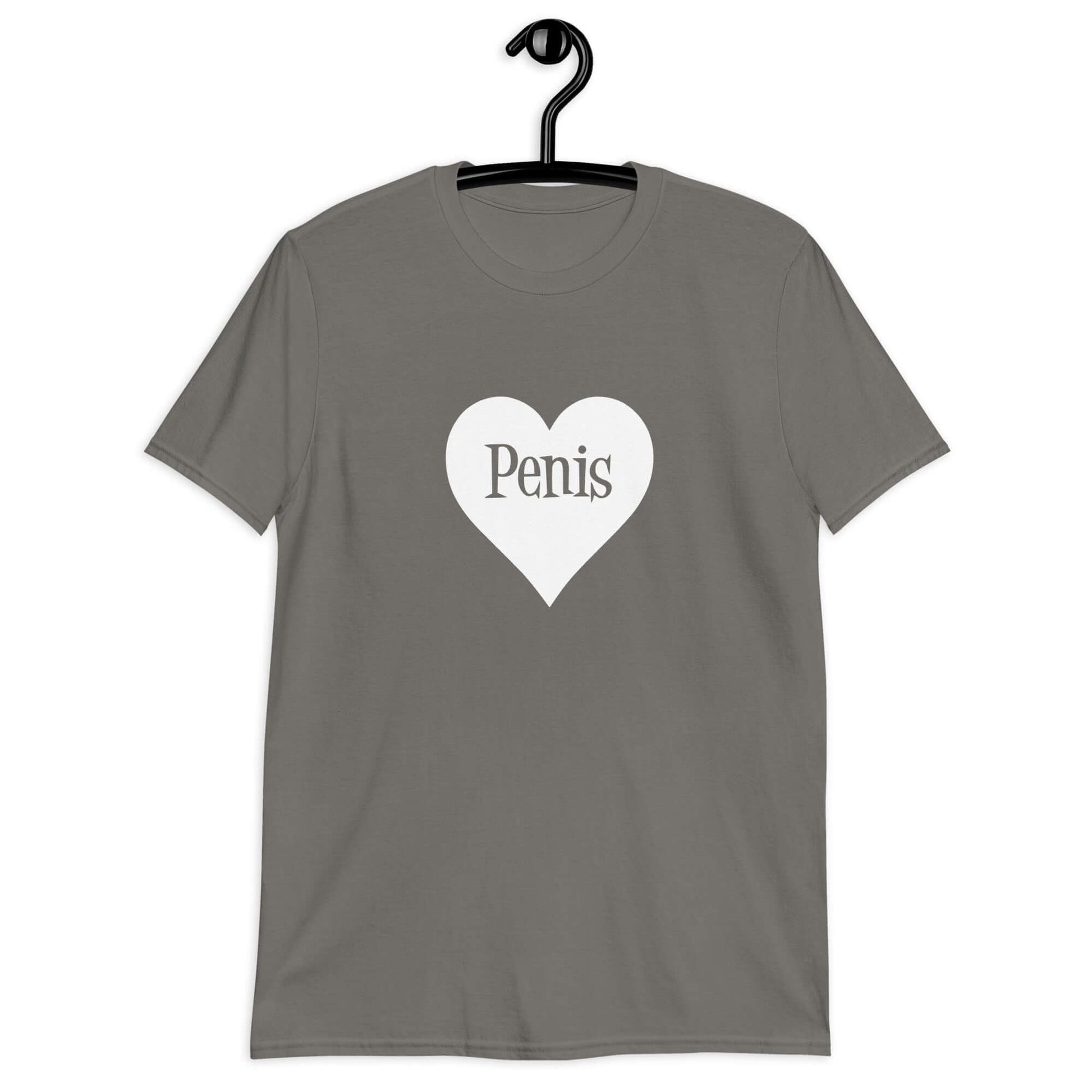 Charcoal t-shirt with a heart image printed on the front. The word penis is inside the heart