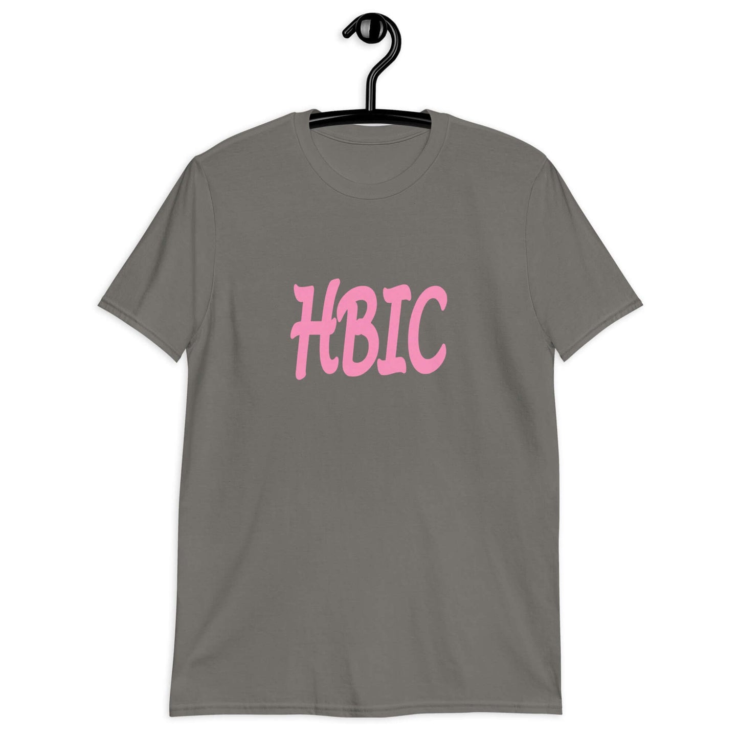 Charcoal t-shirt with the acronym HBIC printed on the front in pink text.