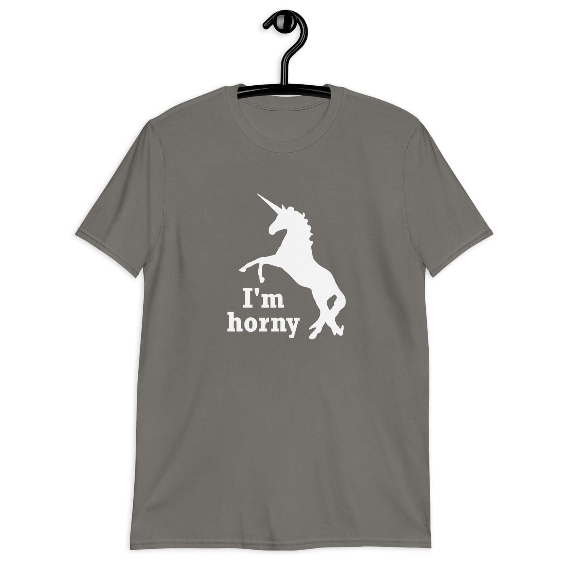 Charcoal grey t-shirt with an image of the silhouette of a unicorn and the words I'm horny printed on the front.