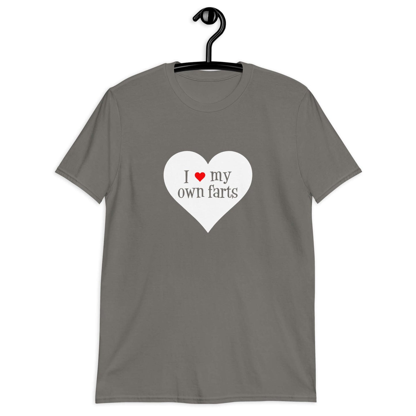 Charcoal grey t-shirt with I heart my own farts printed on the front. The words are printed inside of a larger heart image.