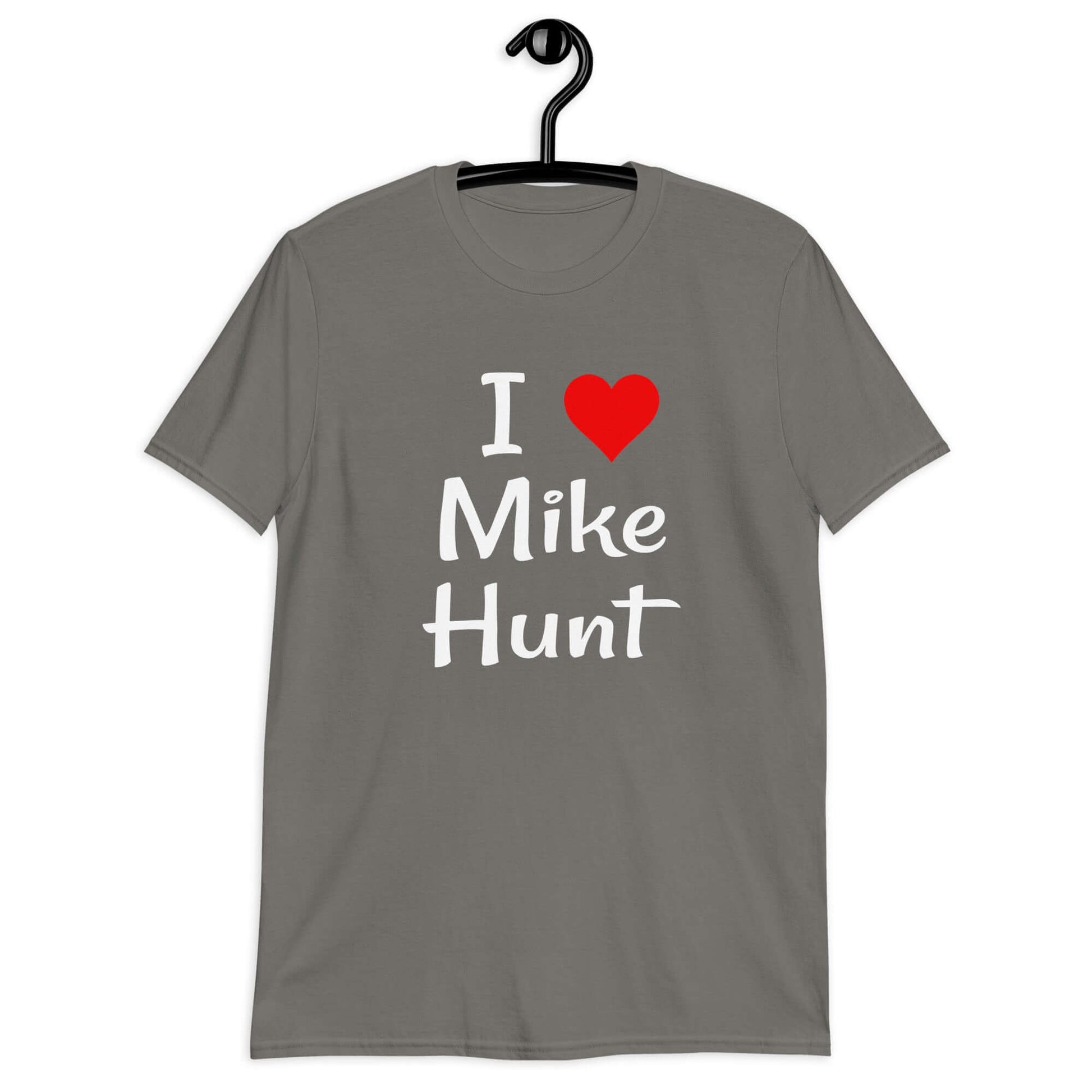 Charcoal grey t-shirt with pun I heart Mike Hunt printed on the front. The heart is red.