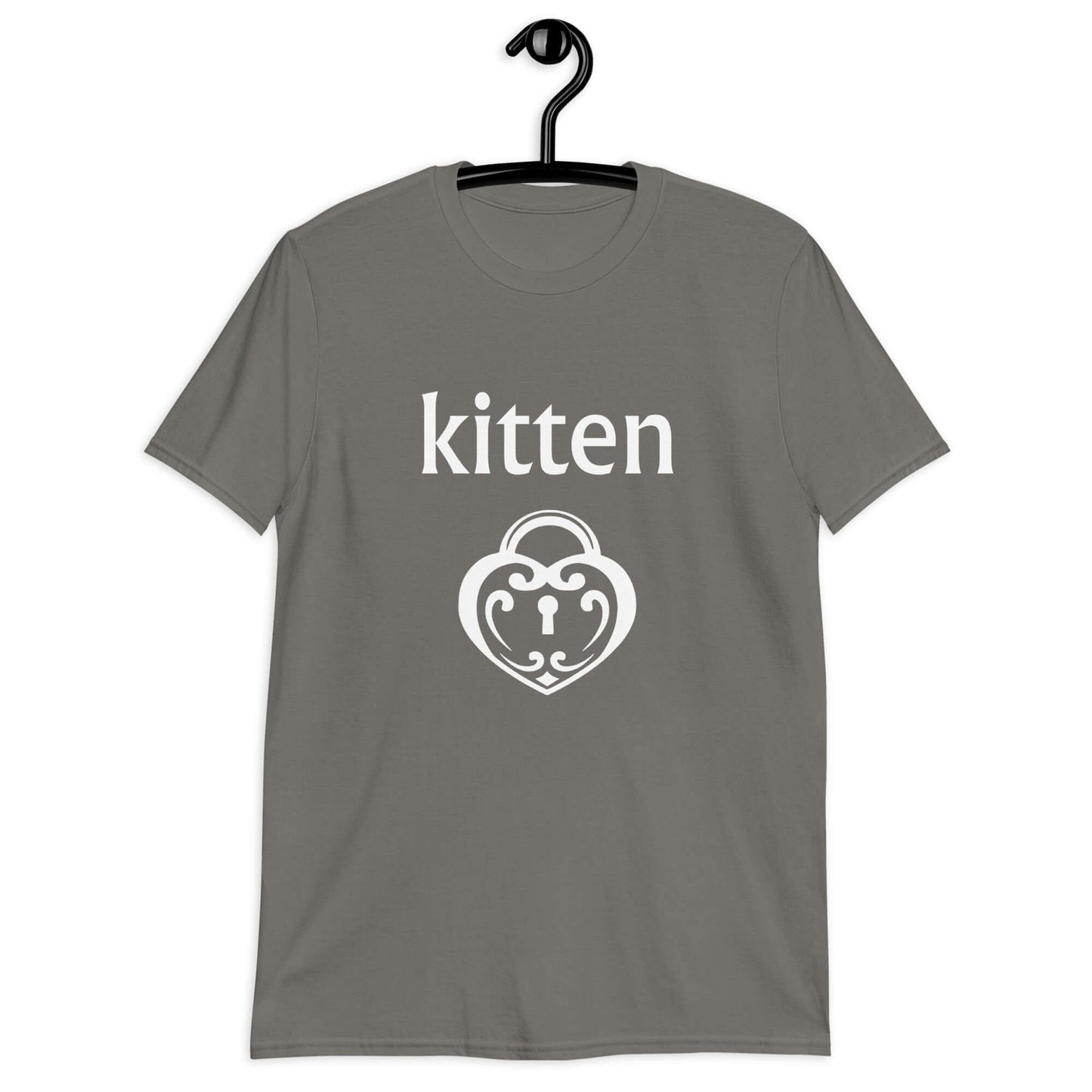 Charcoal grey t-shirt with an image of a heart shaped lock and the word kitten printed on the front.