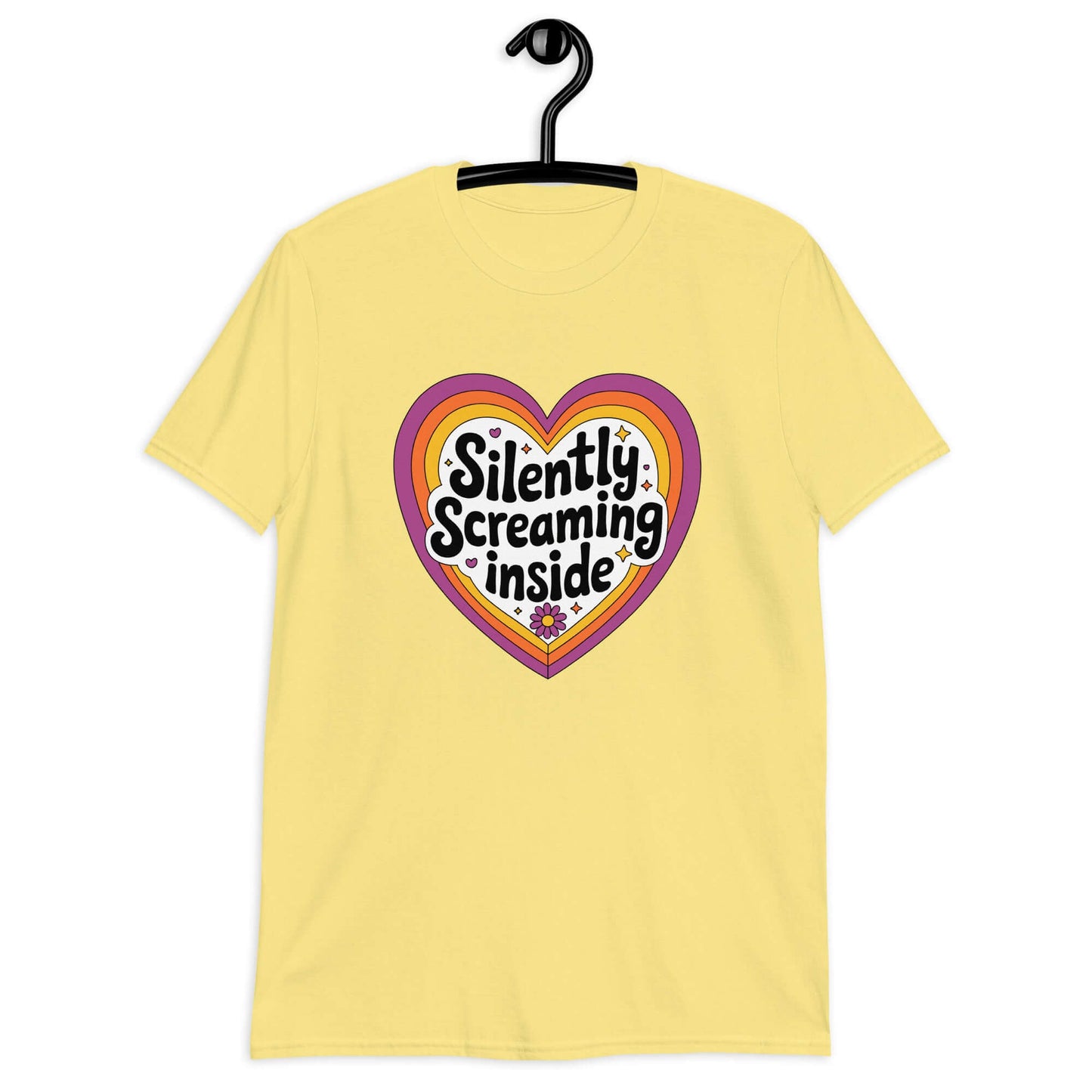 Cornsilk yellow t-shirt with a graphic that says Silently screaming inside. The graphics are printed on the front of the shirt.