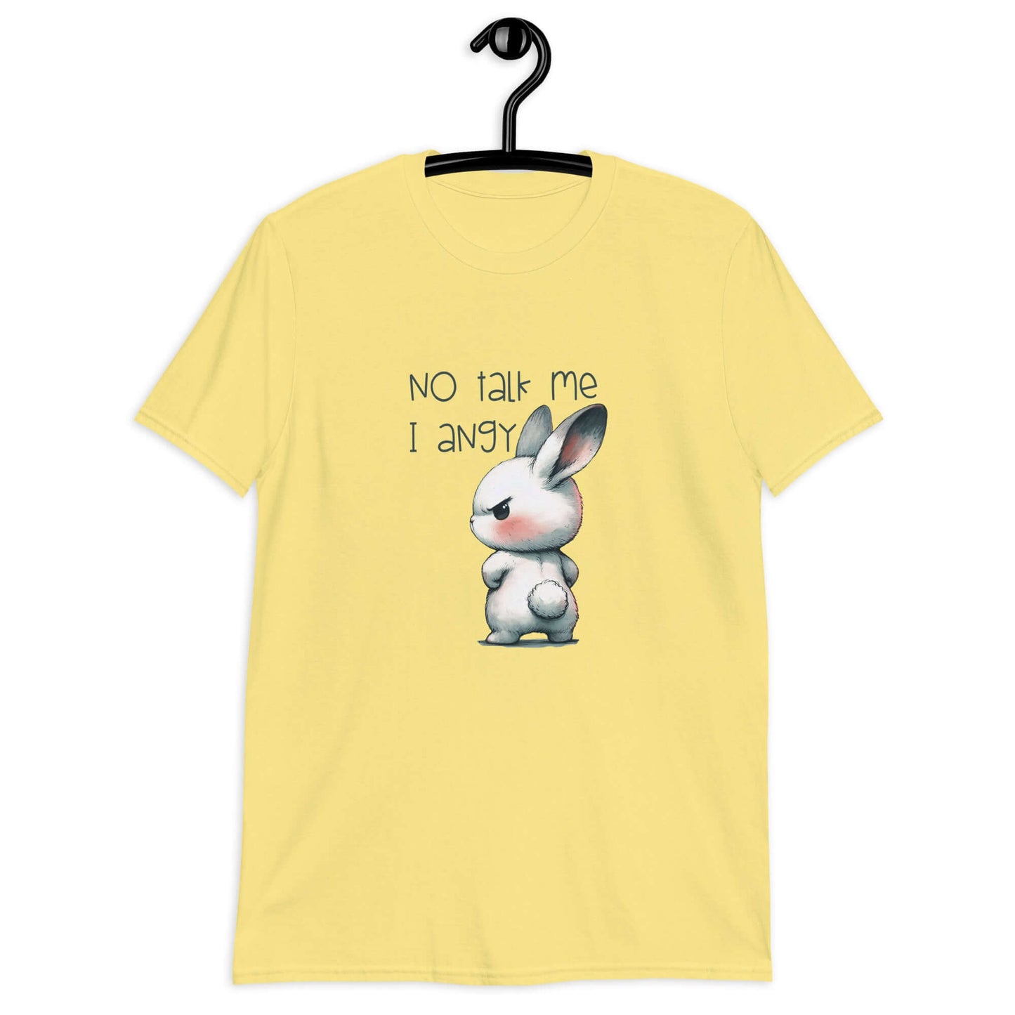 Cornsilk yellow t-shirt with an image of an angry bunny with the phrase No talk me I angy printed on the front.