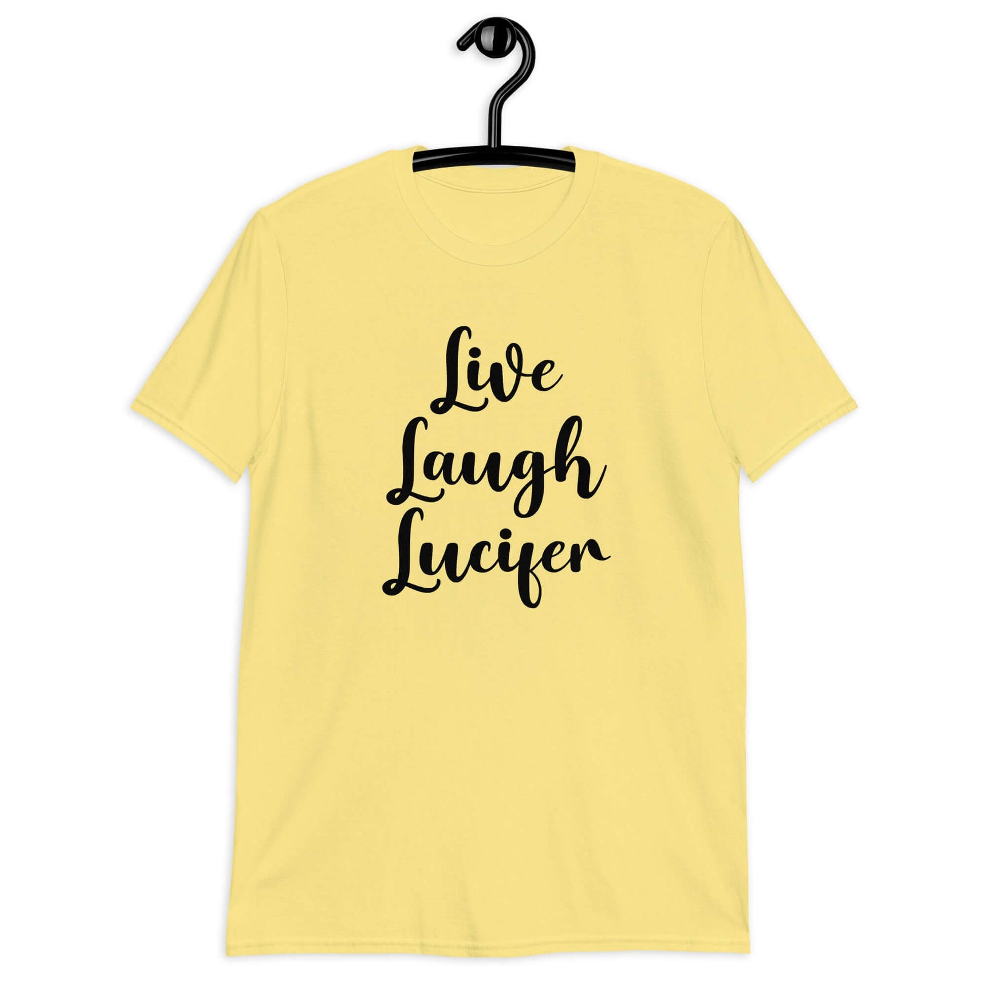 Cornsilk yellow t-shirt with the parody phrase Live, Laugh, Lucifer printed on the front.