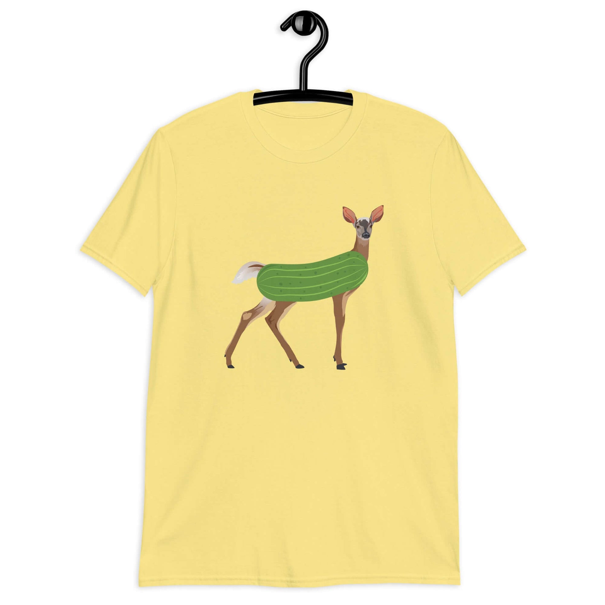Cornsilk yellow dildo pun t-shirt with funny image of a doe deer with a dill pickle body printed on the front.