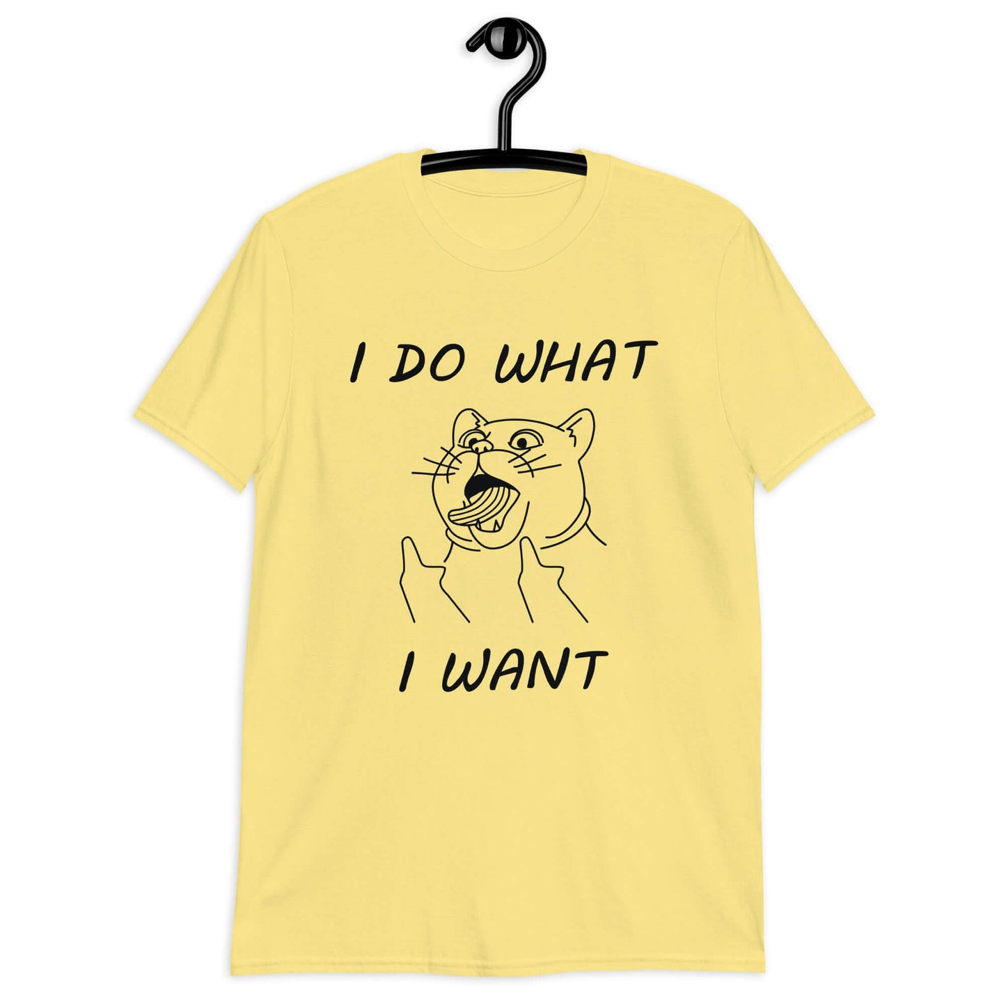 Cornsilk yellow t-shirt with cat flipping middle fingers and the words I do what I want printed on the front.
