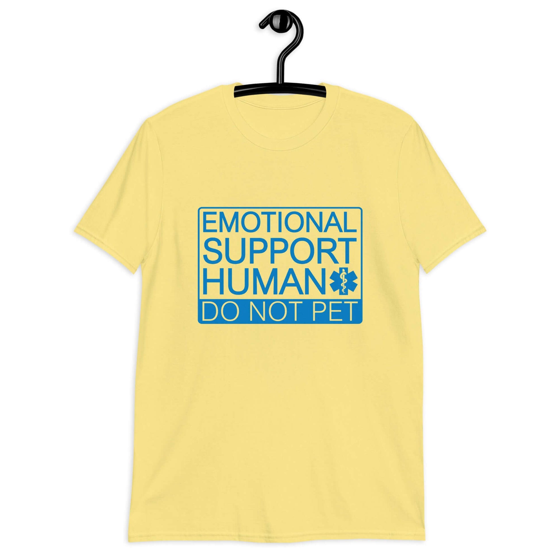 Cornsilk yellow t-shirt with the words Emotional support human, do not pet printed on the front.