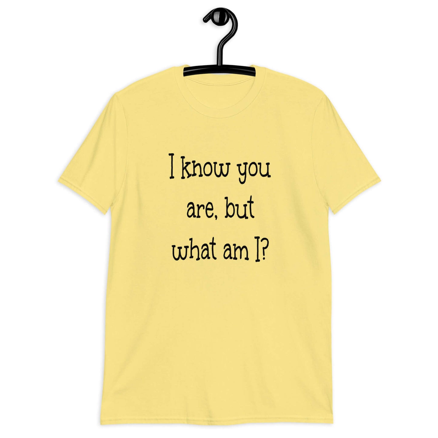 Cornsilk yellow t-shirt with the childish phrase I know you are but what am I with a question mark printed on the front.