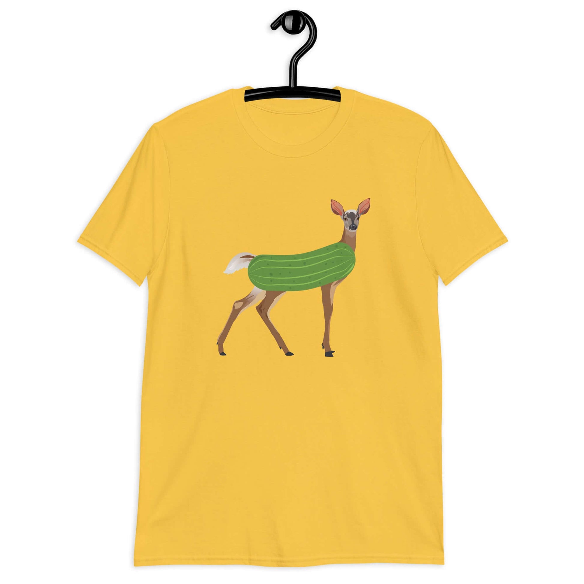 Daisy yellow dildo pun t-shirt with funny image of a doe deer with a dill pickle body printed on the front.
