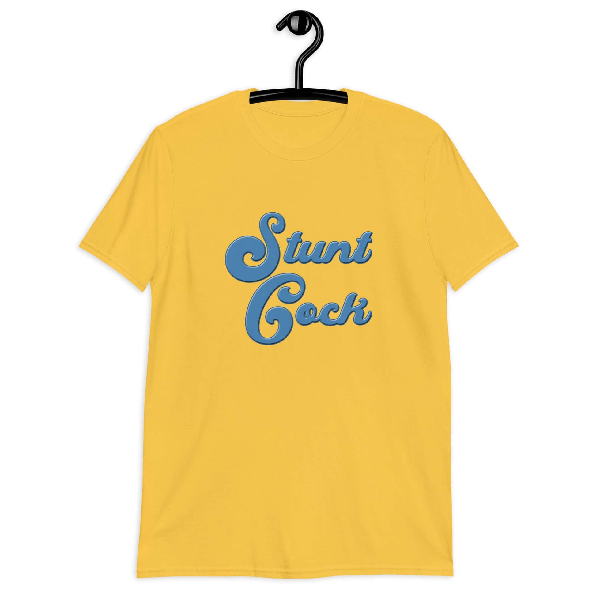 Daisy yellow t-shirt with the words Stunt Cock printed on the front in blue.