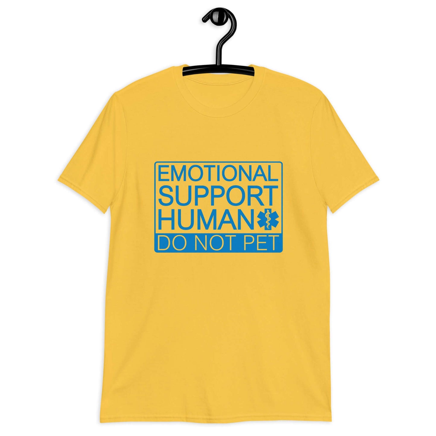 Daisy yellow t-shirt with the words Emotional support human, do not pet printed on the front.