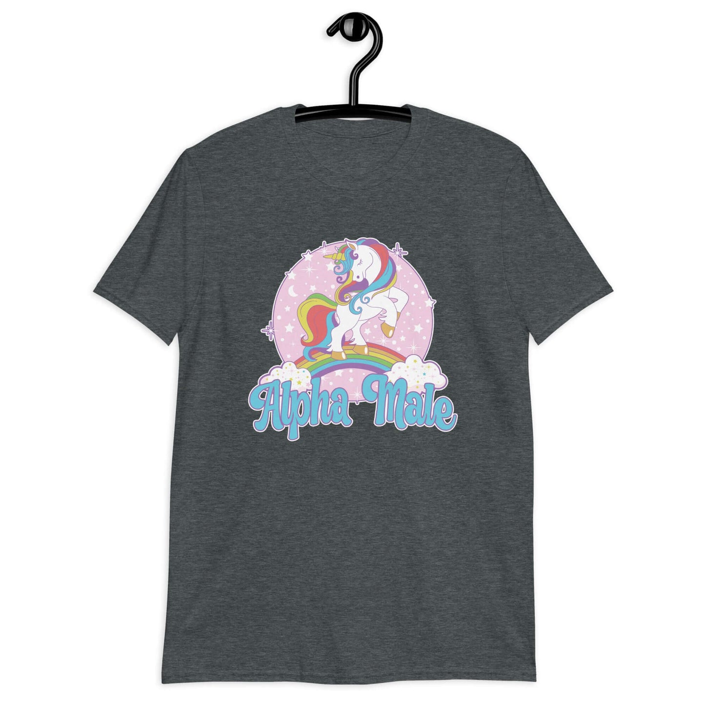 Dark heather t-shirt with funny pastel rainbow unicorn graphics and the words Alpha Male printed on the front.