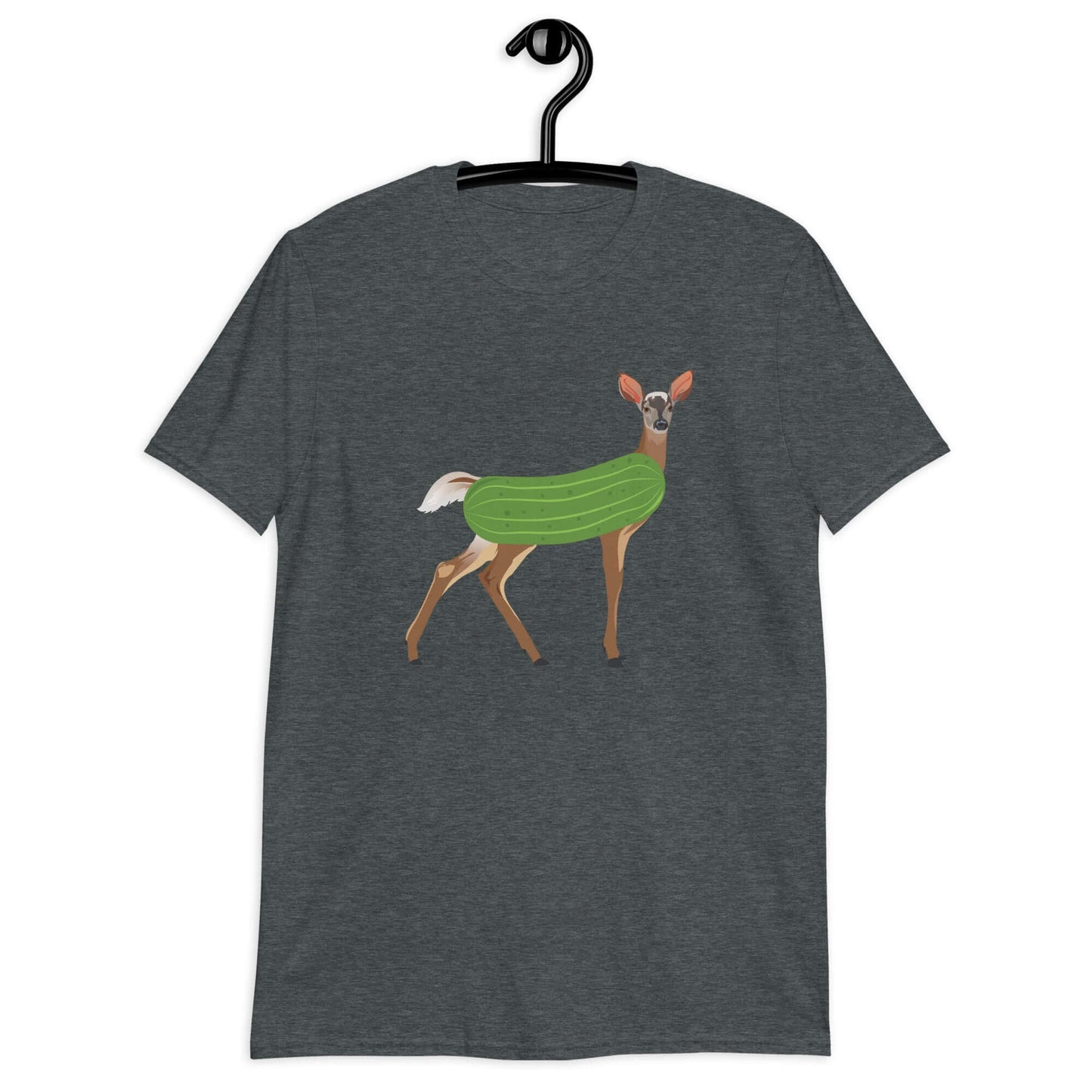 Dark heather dildo pun t-shirt with funny image of a doe deer with a dill pickle body printed on the front.