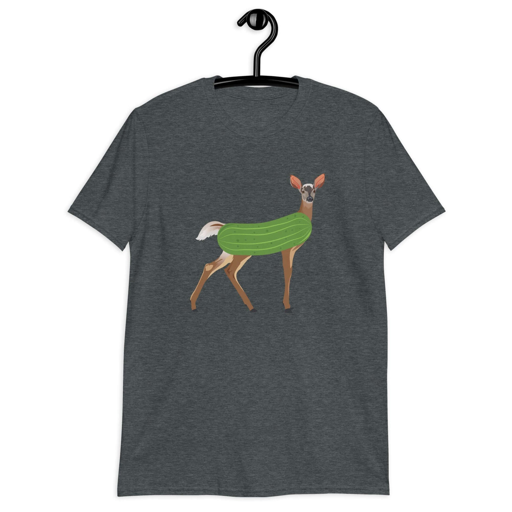 Dark heather dildo pun t-shirt with funny image of a doe deer with a dill pickle body printed on the front.