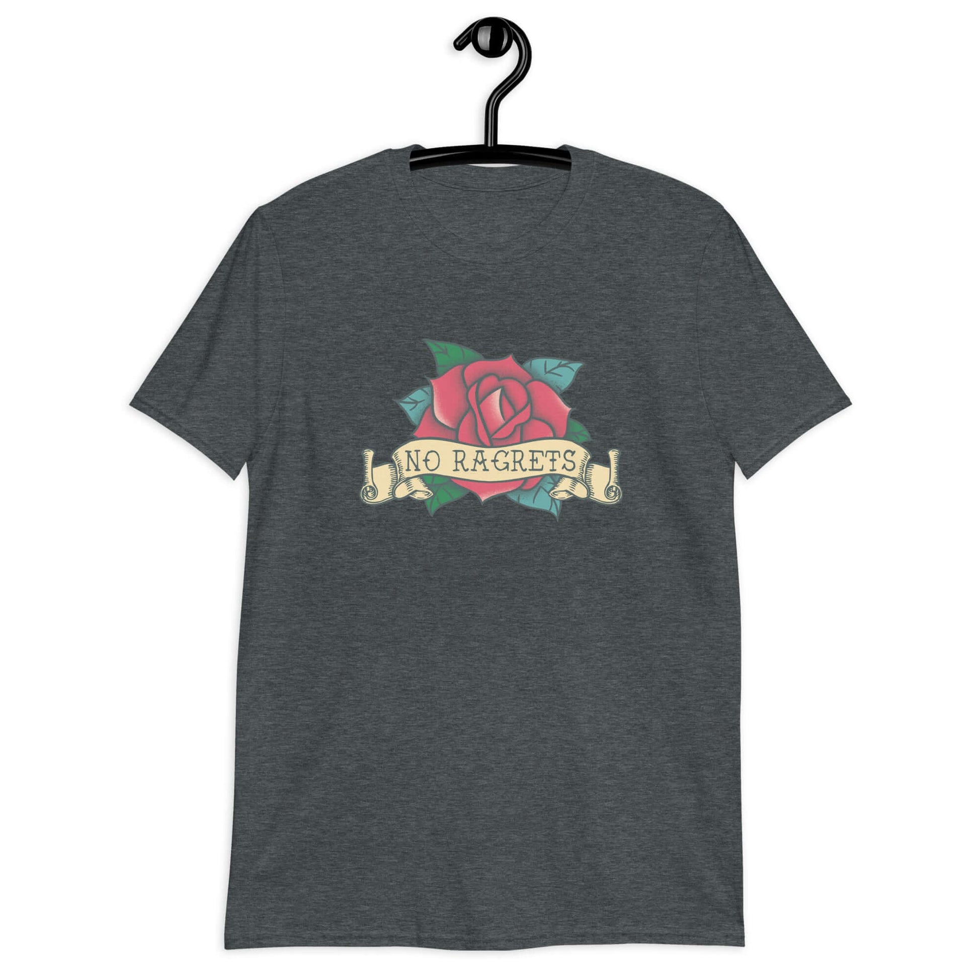 Dark heather grey t-shirt with a funny image of an old school rose flash tattoo & the words no ragrets. The word regrets is intentionally misspelled.