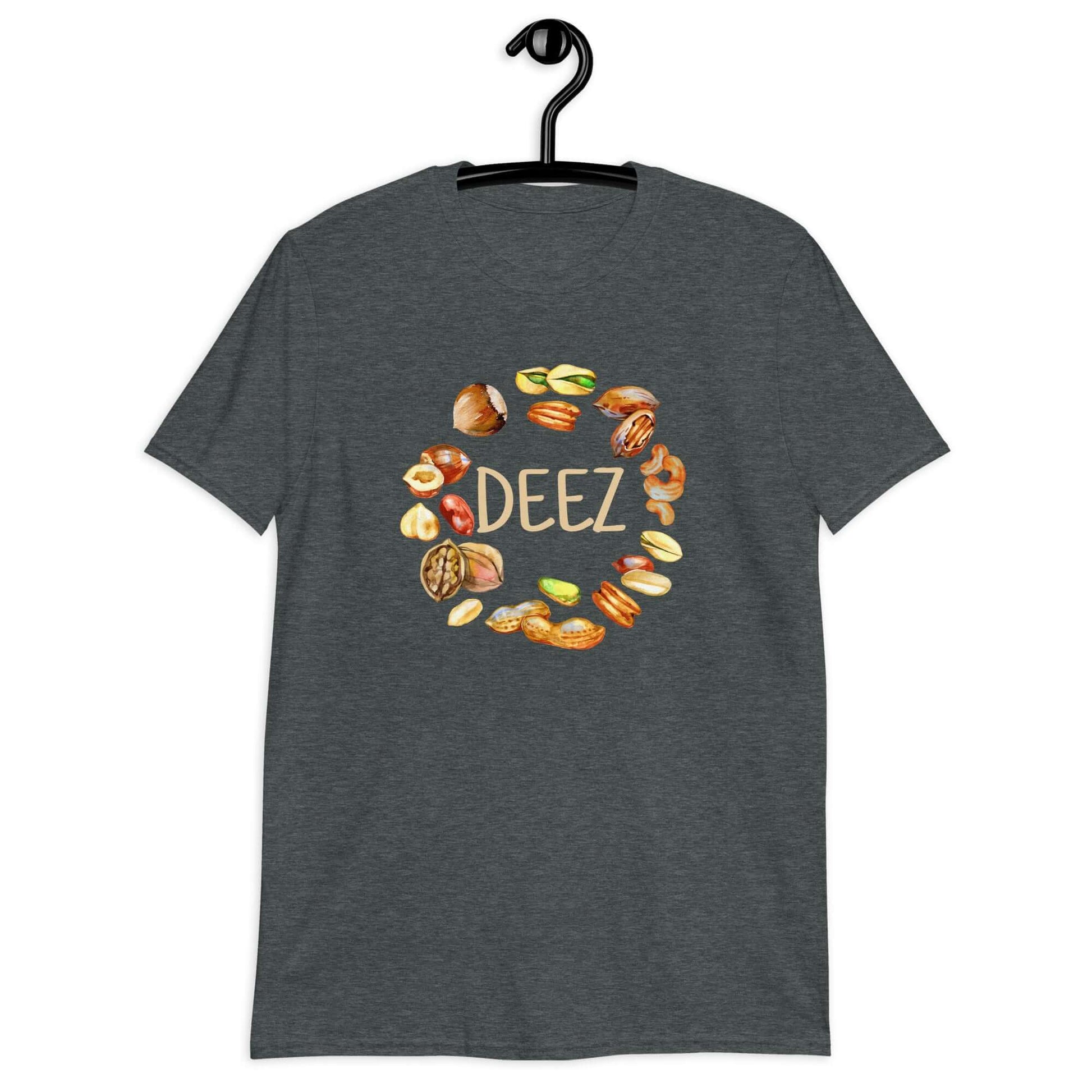 Dark heather grey t-shirt with an image of various nuts and the word Deez printed on the front.,