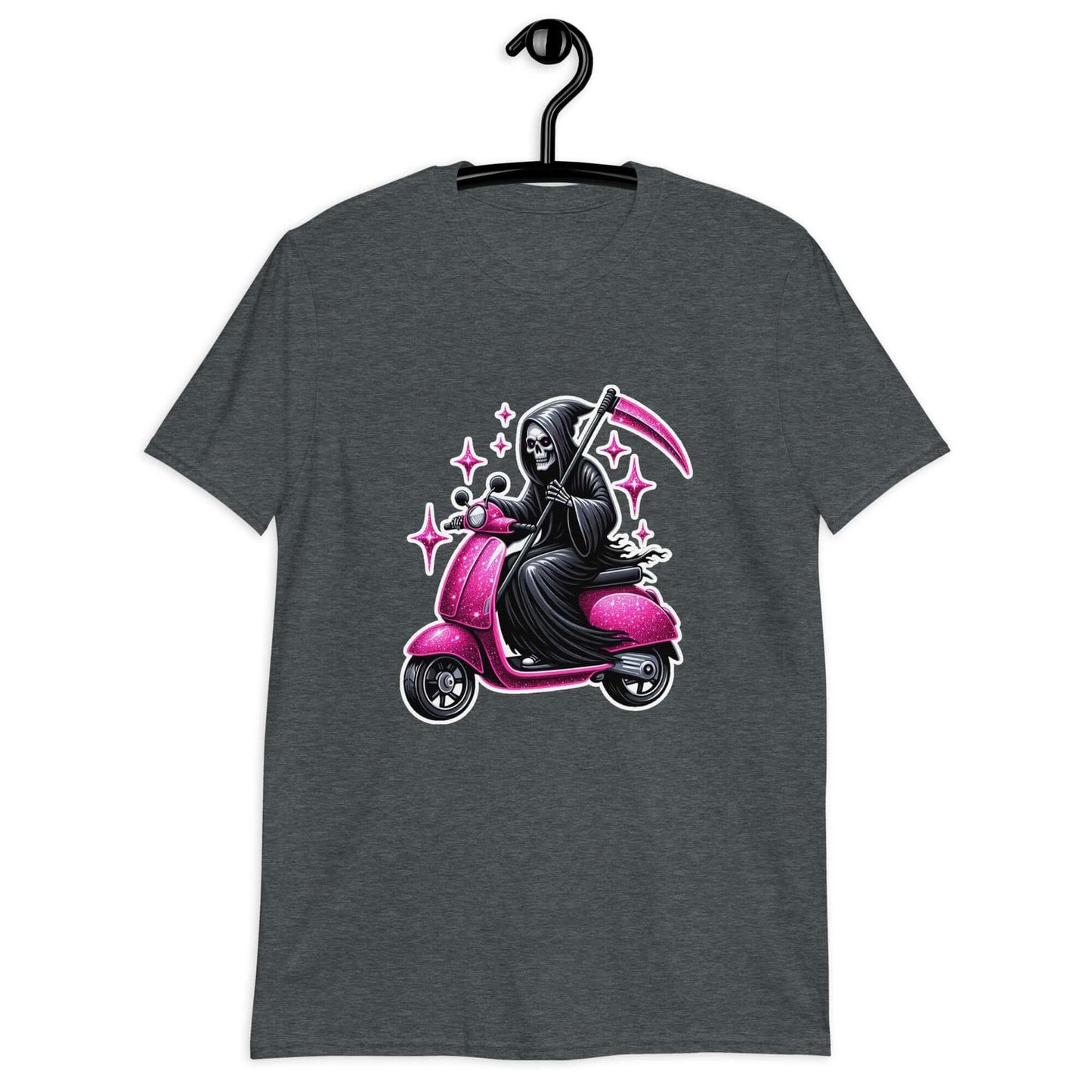 Dark heather grey t-shirt with an image of the Grim Reaper riding on a glam pink scooter printed on the front.