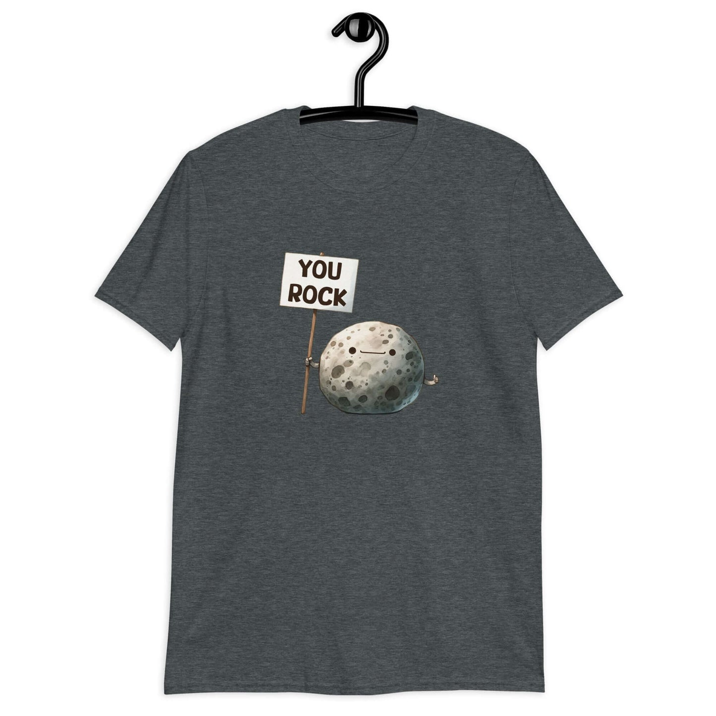 Dark heather grey t-shirt that has an image of a grey rock that is holding a sign. The sign says You Rock. The image is printed on the front of the t-shirt..