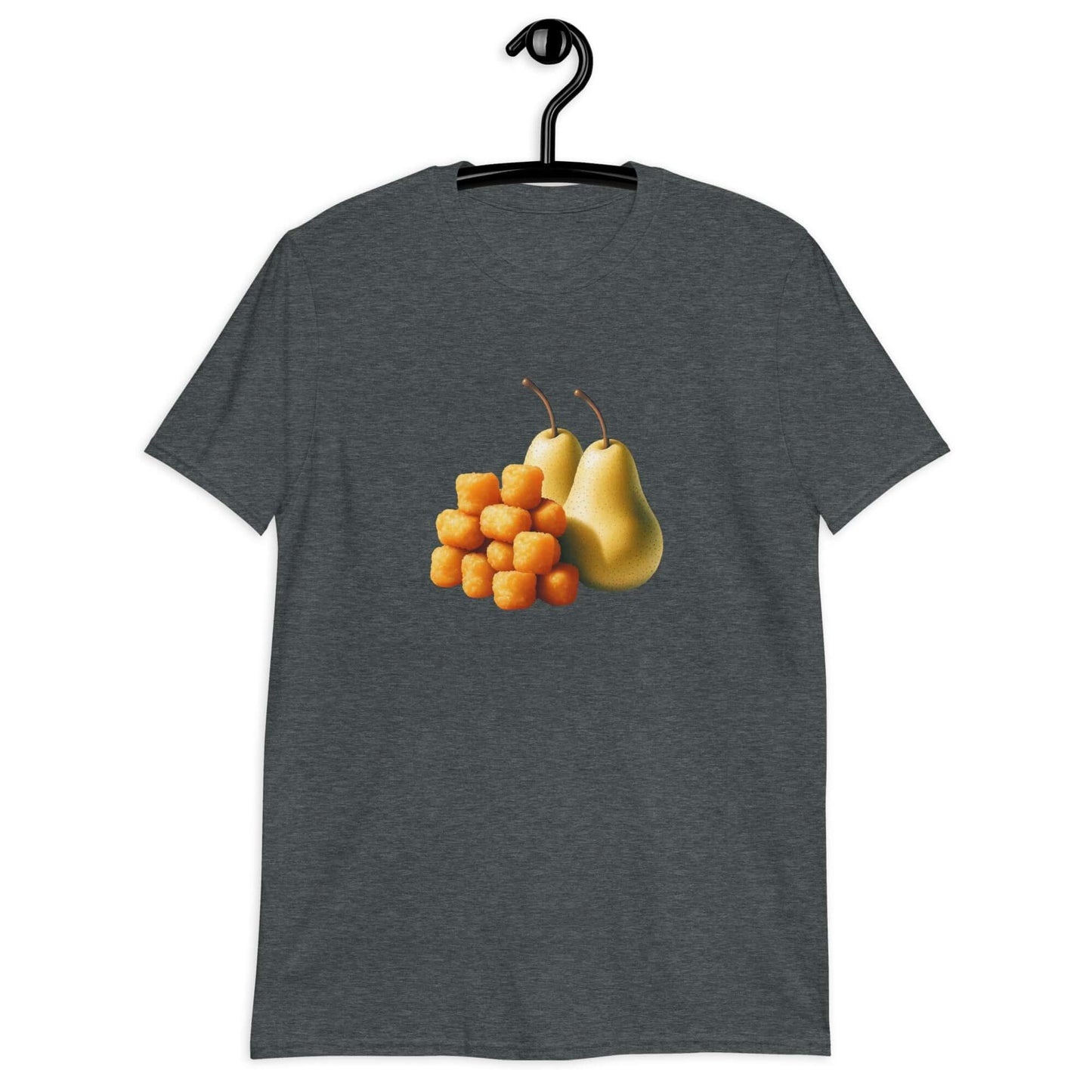 Dark heather grey t-shirt with an image of tater tots and two pears printed on the front.