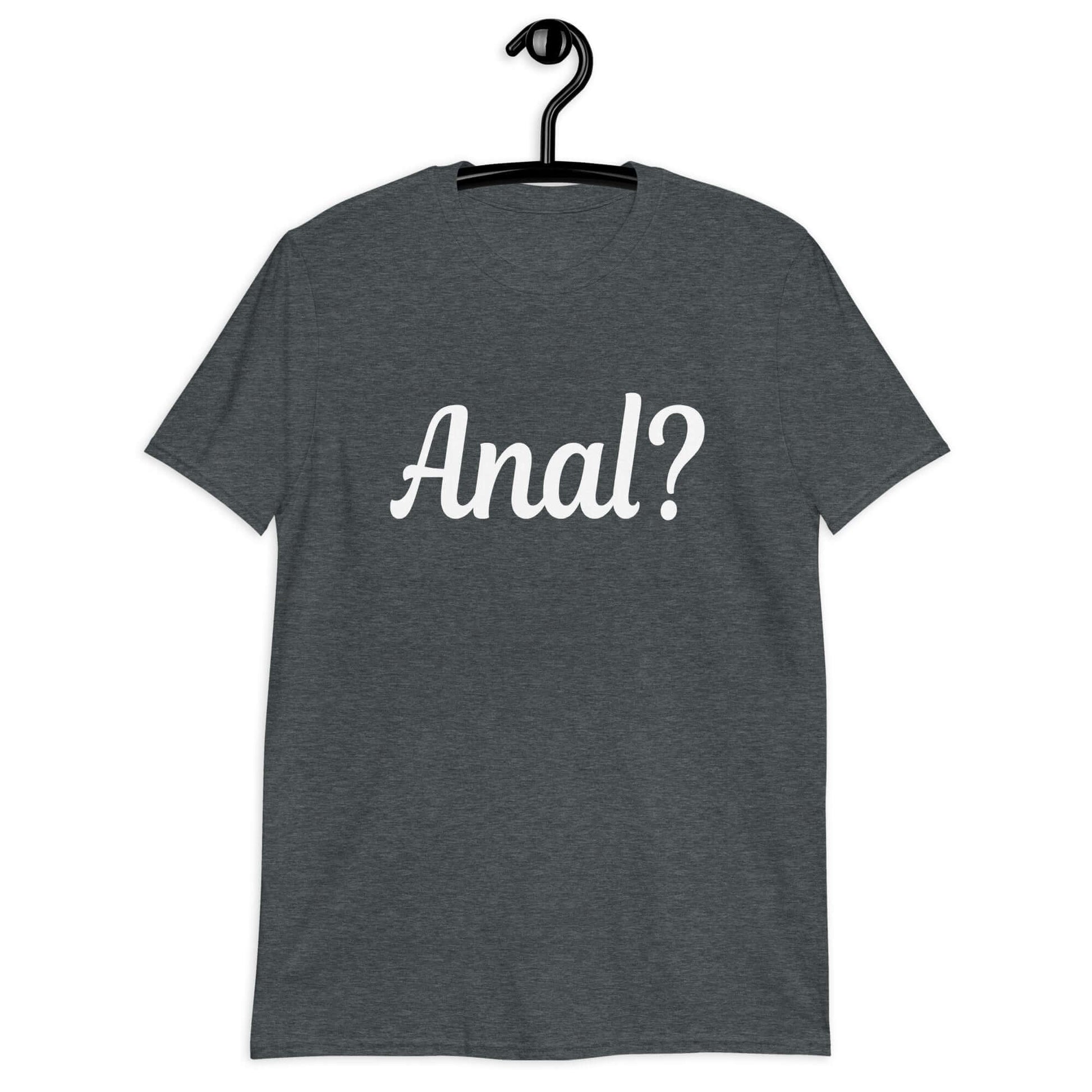 Dark heather grey t-shirt with the word Anal with a question mark printed on the front.