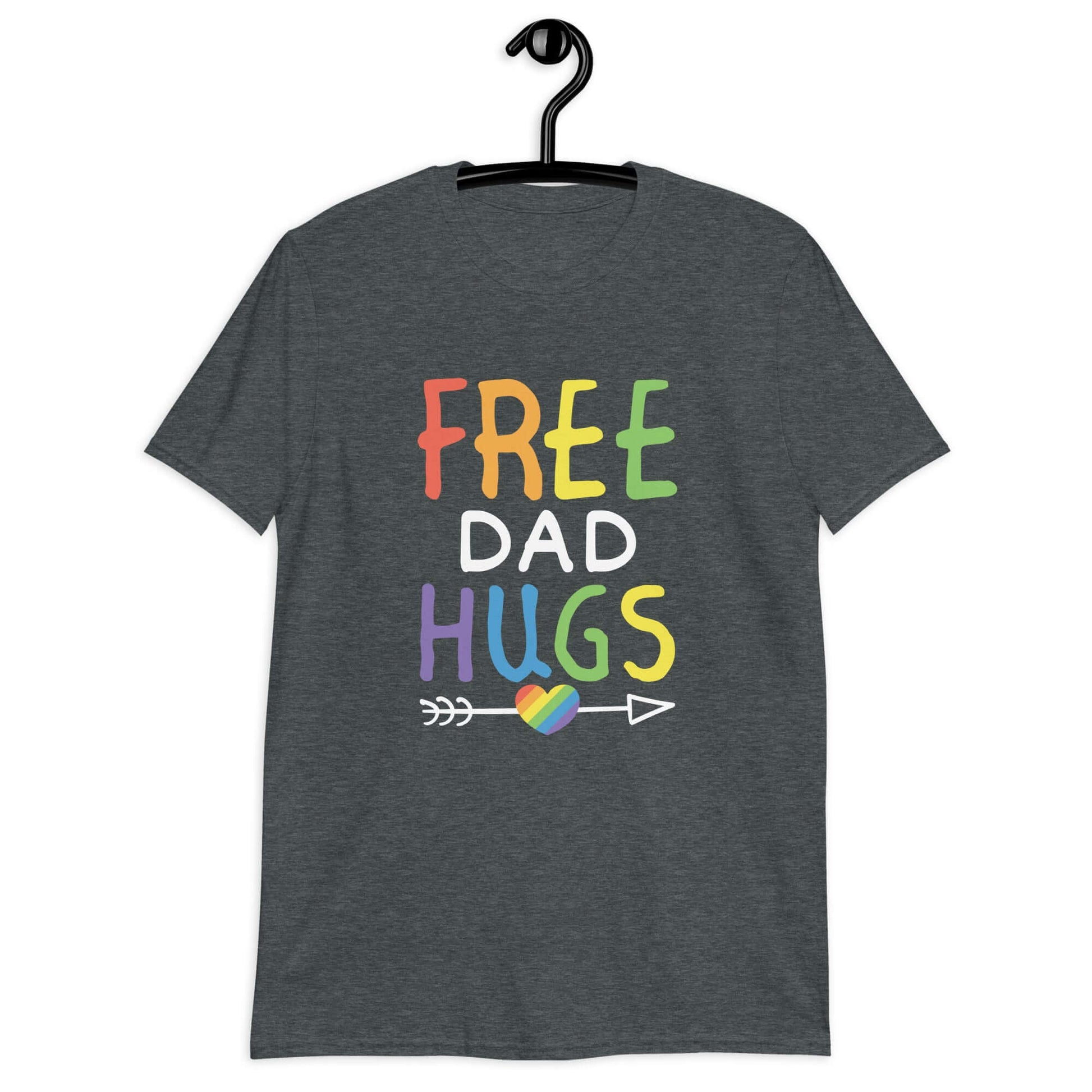 Dark heather grey t-shirt with the words Free Dad hugs printed on the front in rainbow letters.