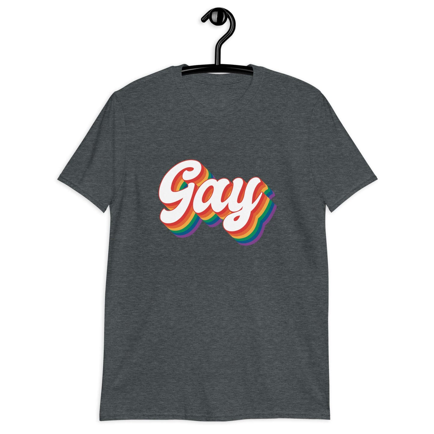 Dark heather t-shirt with the word Gay printed on the front. The word gay is outlined in rainbow.