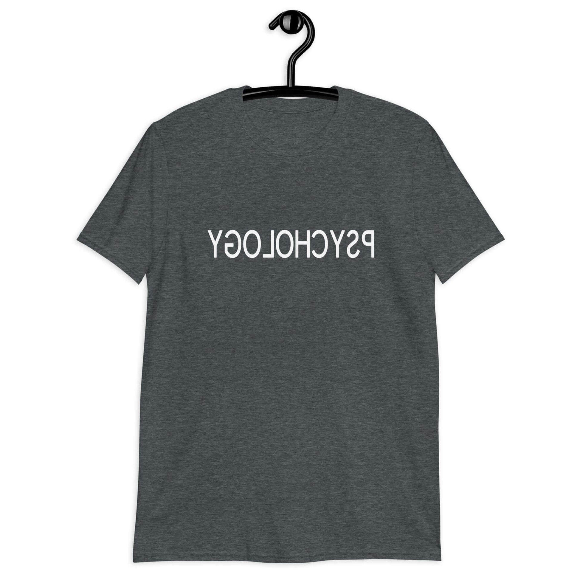 Dark heather t-shirt with the word Psychology printed in reverse on the front.