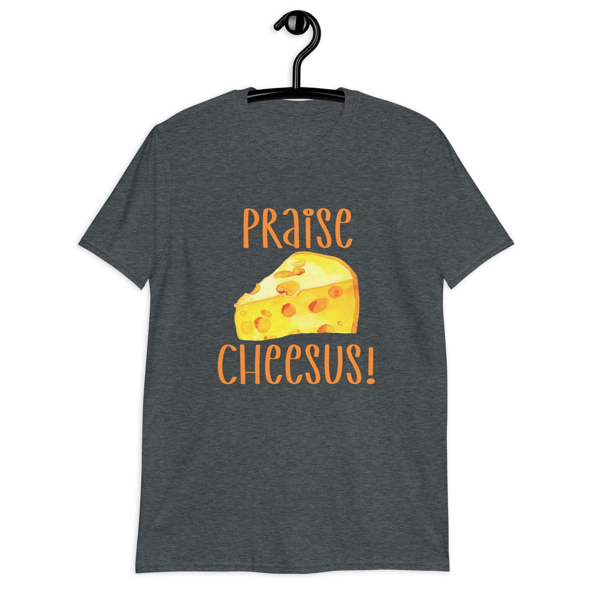 Dark heather t-shirt with funny graphics of a piece of swiss cheese and the words Praise Cheesus printed on the front of the hoodie in yellow and orange.