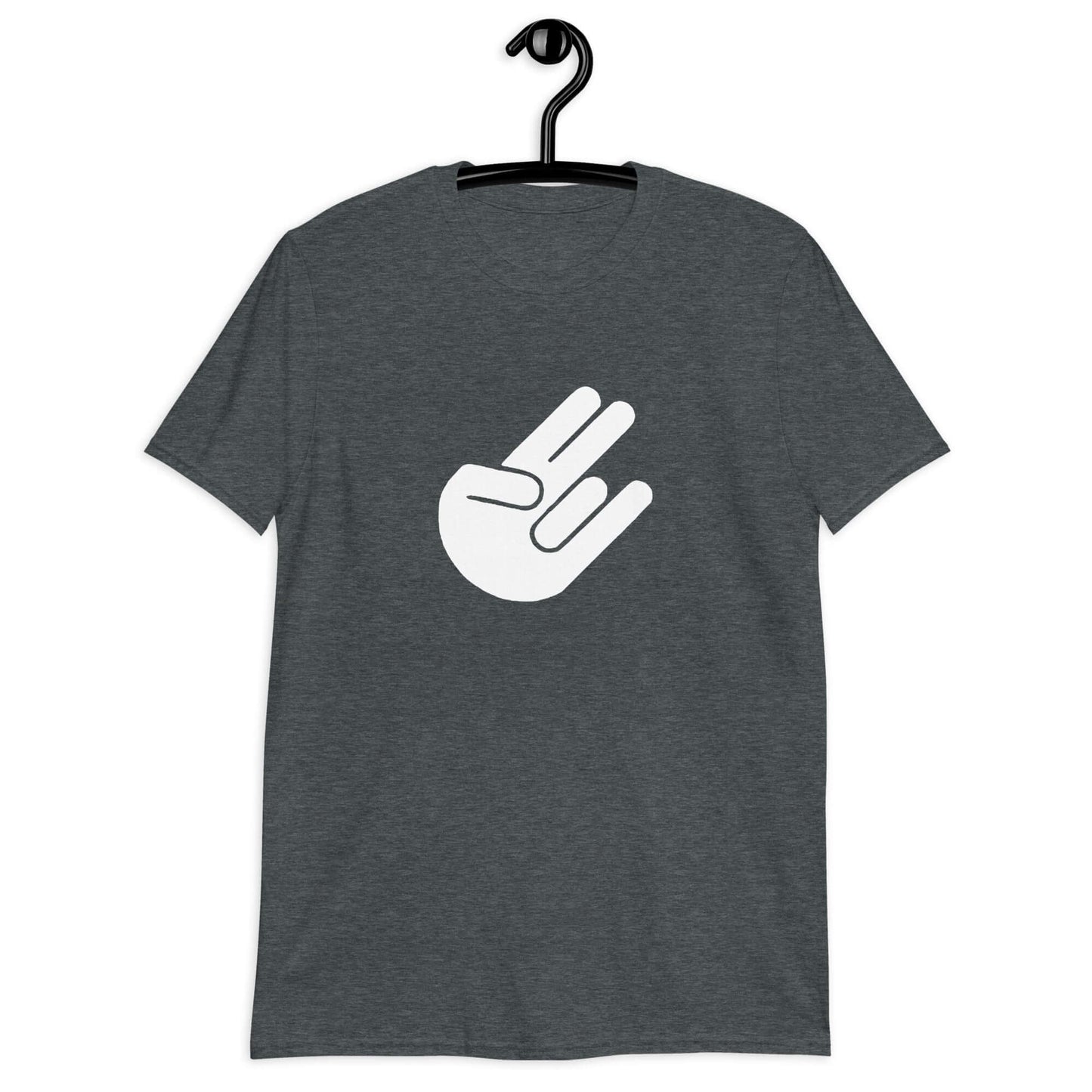 Dark heather t-shirt with the universal symbol for The Shocker printed on the front.