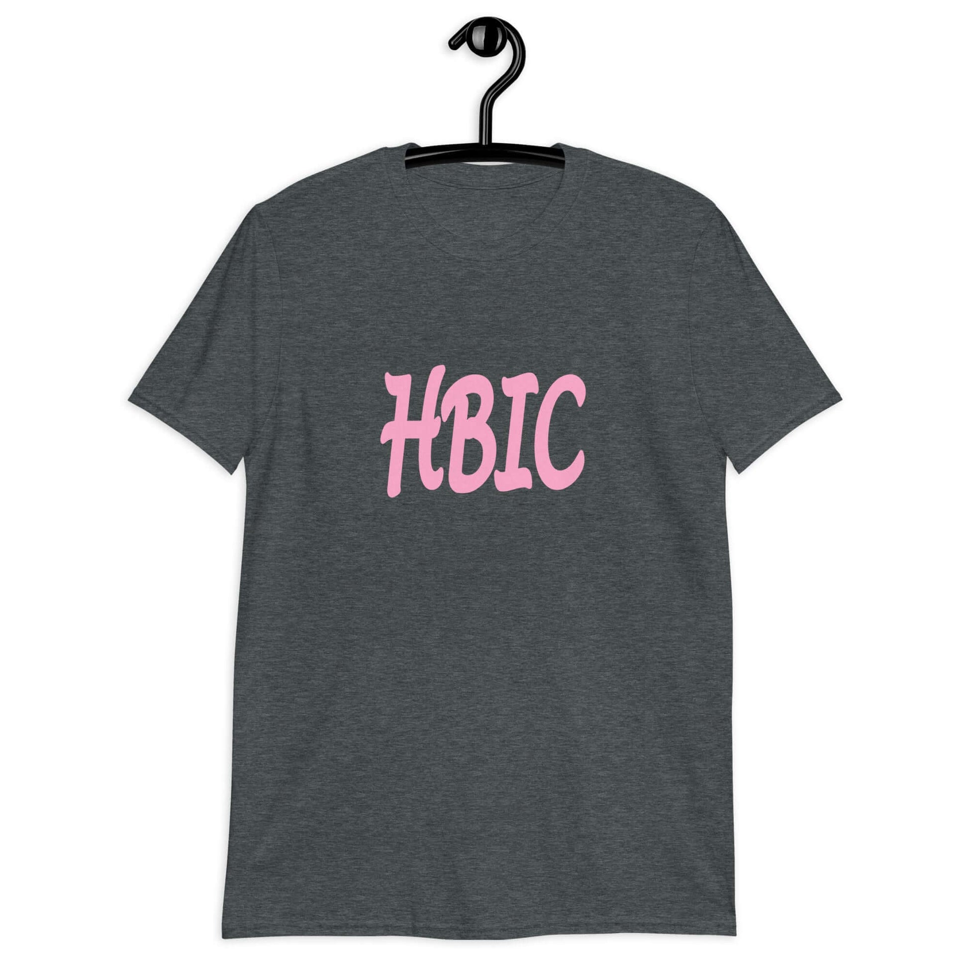 Dark heather grey t-shirt with the acronym HBIC printed on the front in pink text.