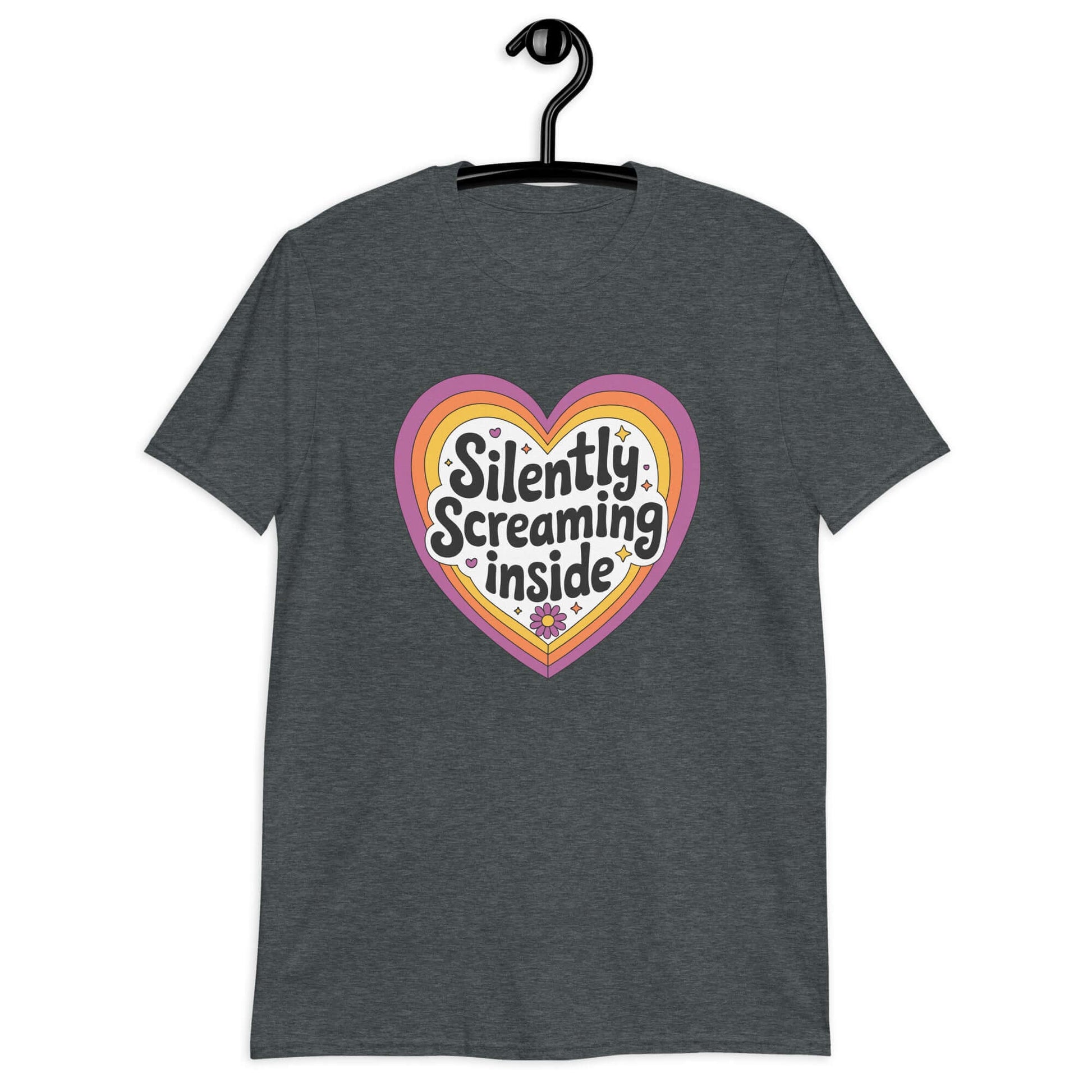 Dark heather grey t-shirt with a graphic that says Silently screaming inside. The graphics are printed on the front of the shirt.