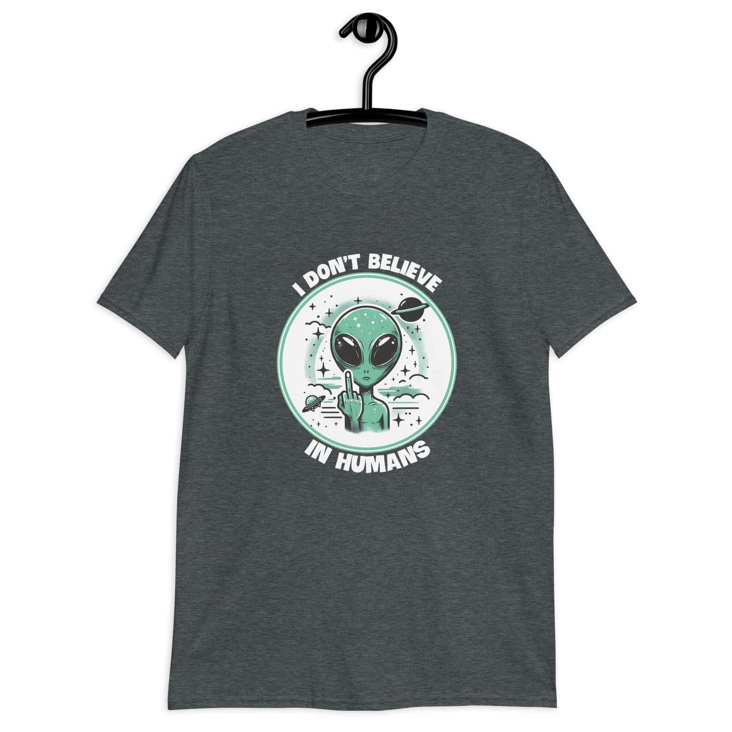 Dark heather grey t-shirt with an image of an alien flipping the middle finger. The words I don't believe in humans are printed around the image. The graphics are printed on the front of the shirt.