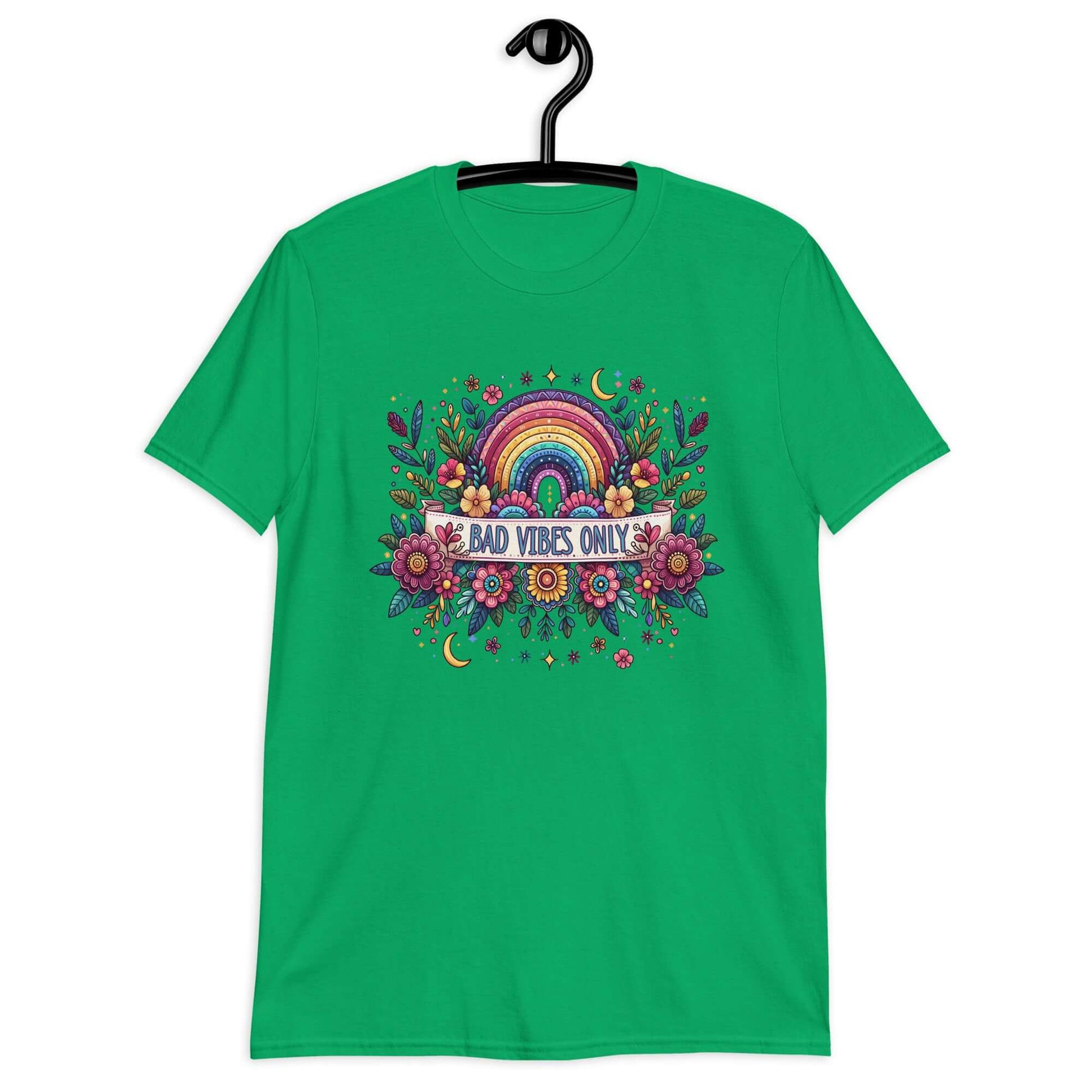 Irish green t-shirt with a colorful boho rainbow floral design and the phrase Bad Vibes Only printed on the front.