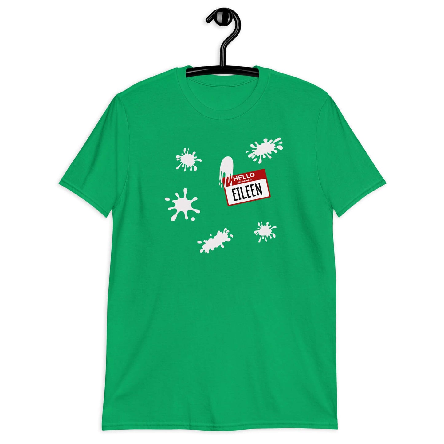 Irish green t-shirt with Eileen name tag and white splatters printed on the front.