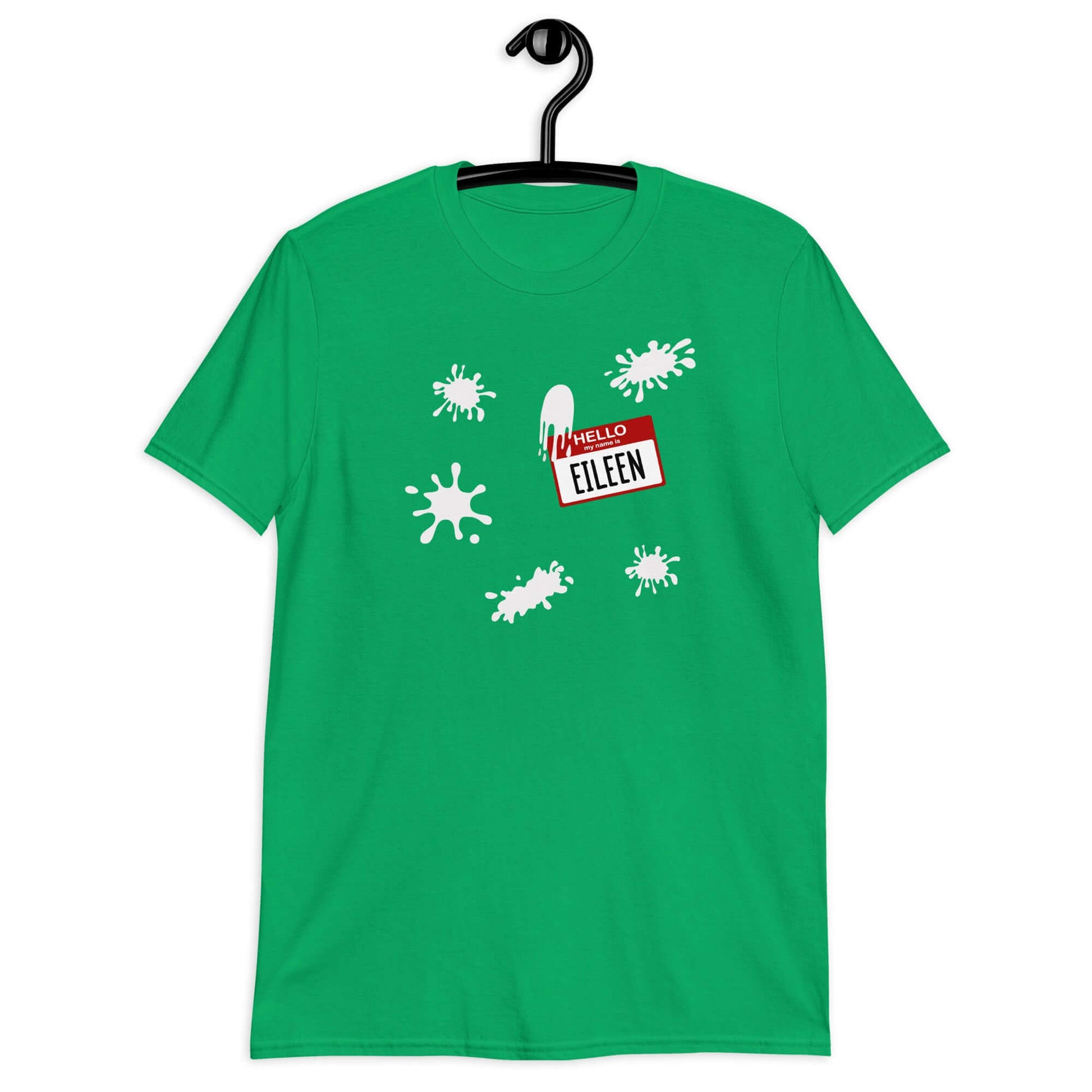 Irish green t-shirt with Eileen name tag and white splatters printed on the front.