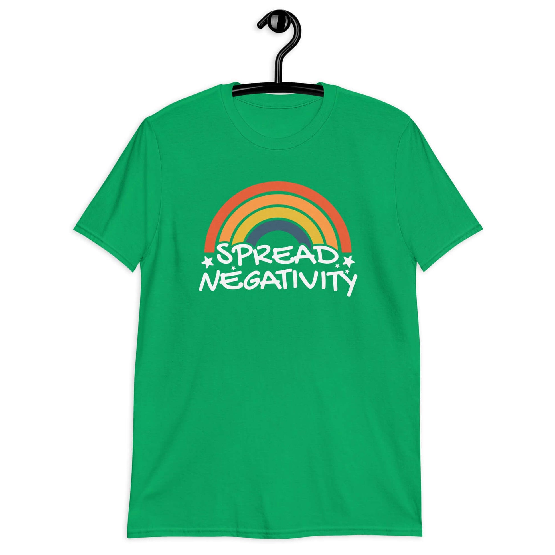 Irish green t-shirt with a graphic of a rainbow and the words Spread negativity printed on the front.