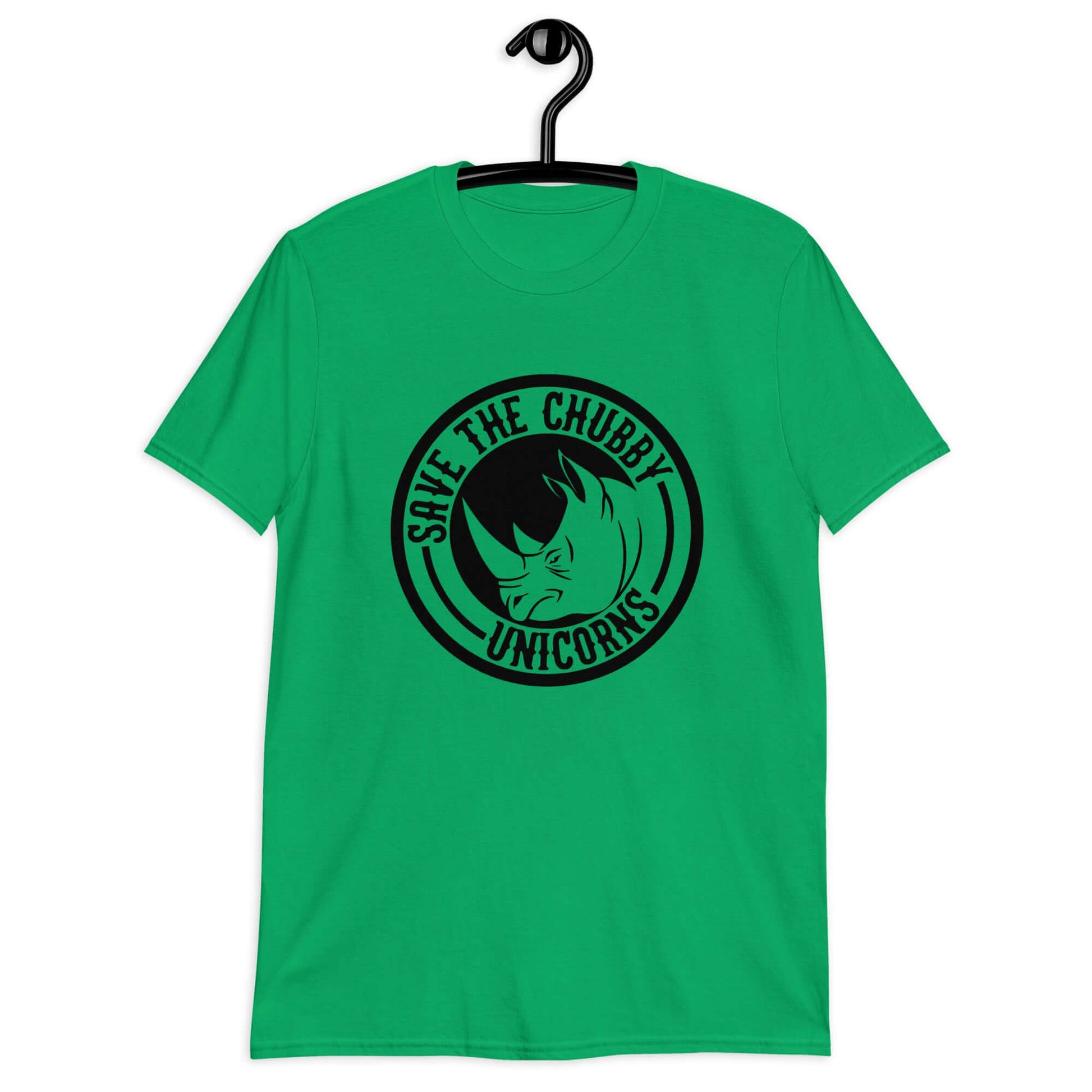 Irish green t-shirt with a funny graphic of a rhinoceros & the words Save the chubby unicorns printed on the front.