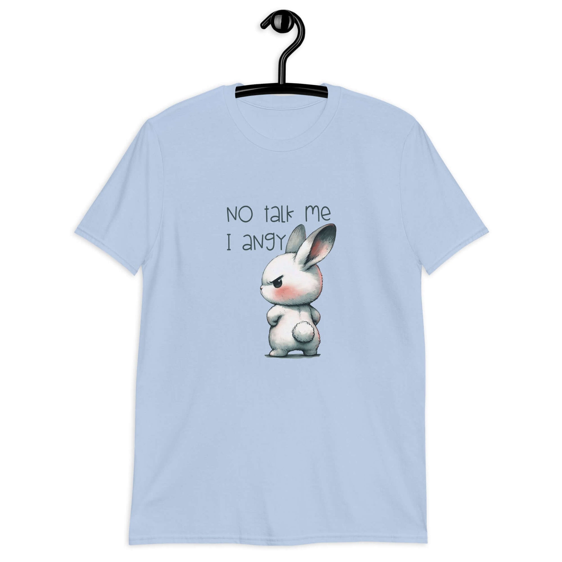 Light blue t-shirt with an image of an angry bunny with the phrase No talk me I angy printed on the front.