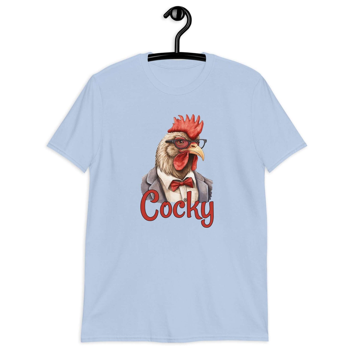 Light blue t-shirt with image of a rooster and the word Cocky printed on the front.