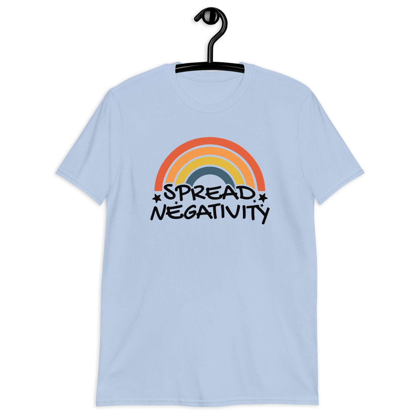 Light blue t-shirt with a graphic of a rainbow and the words Spread negativity printed on the front.