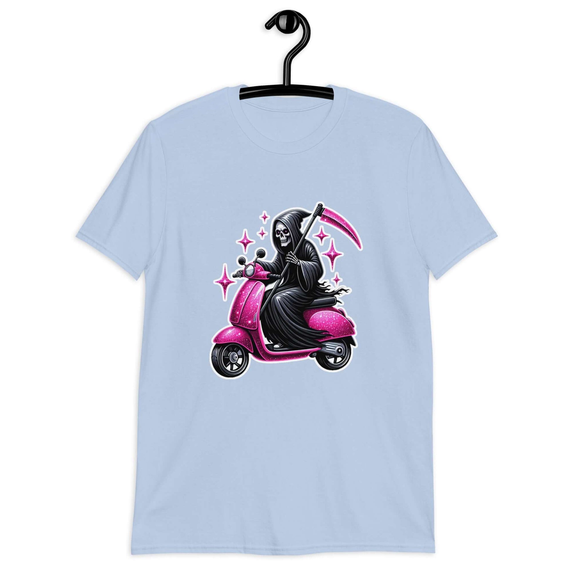 Light blue t-shirt with an image of the Grim Reaper riding on a glam pink scooter printed on the front.