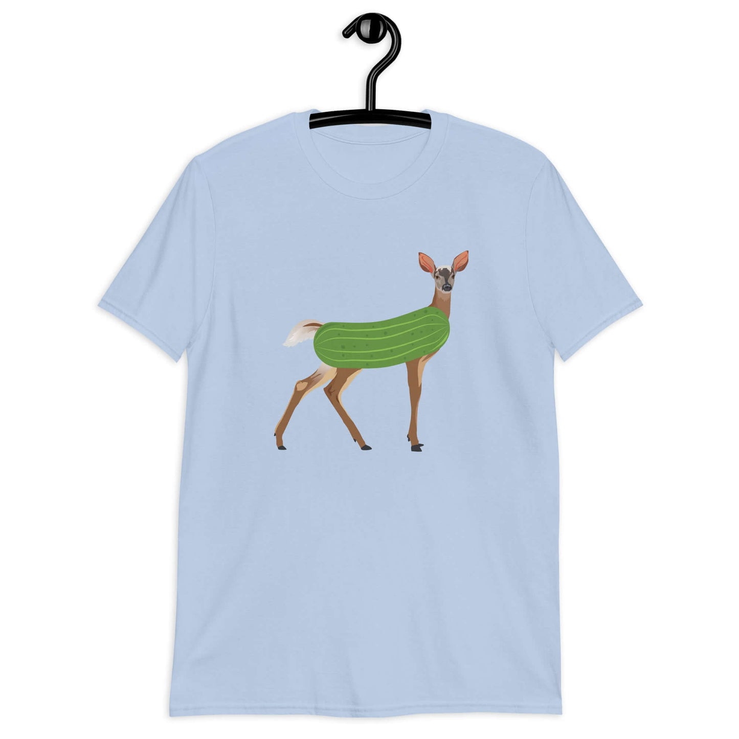 Light blue dildo pun t-shirt with funny image of a doe deer with a dill pickle body printed on the front.