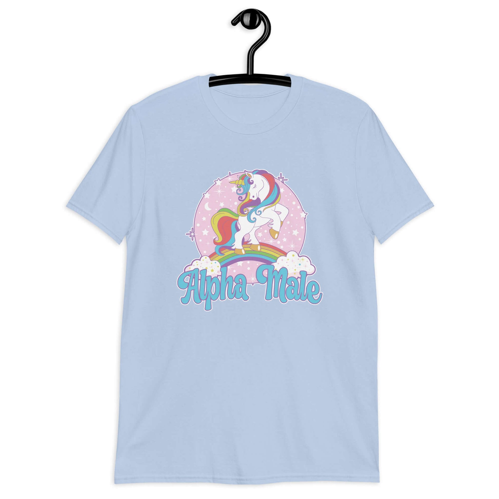 Light blue t-shirt with funny pastel rainbow unicorn graphics and the words Alpha Male printed on the front.