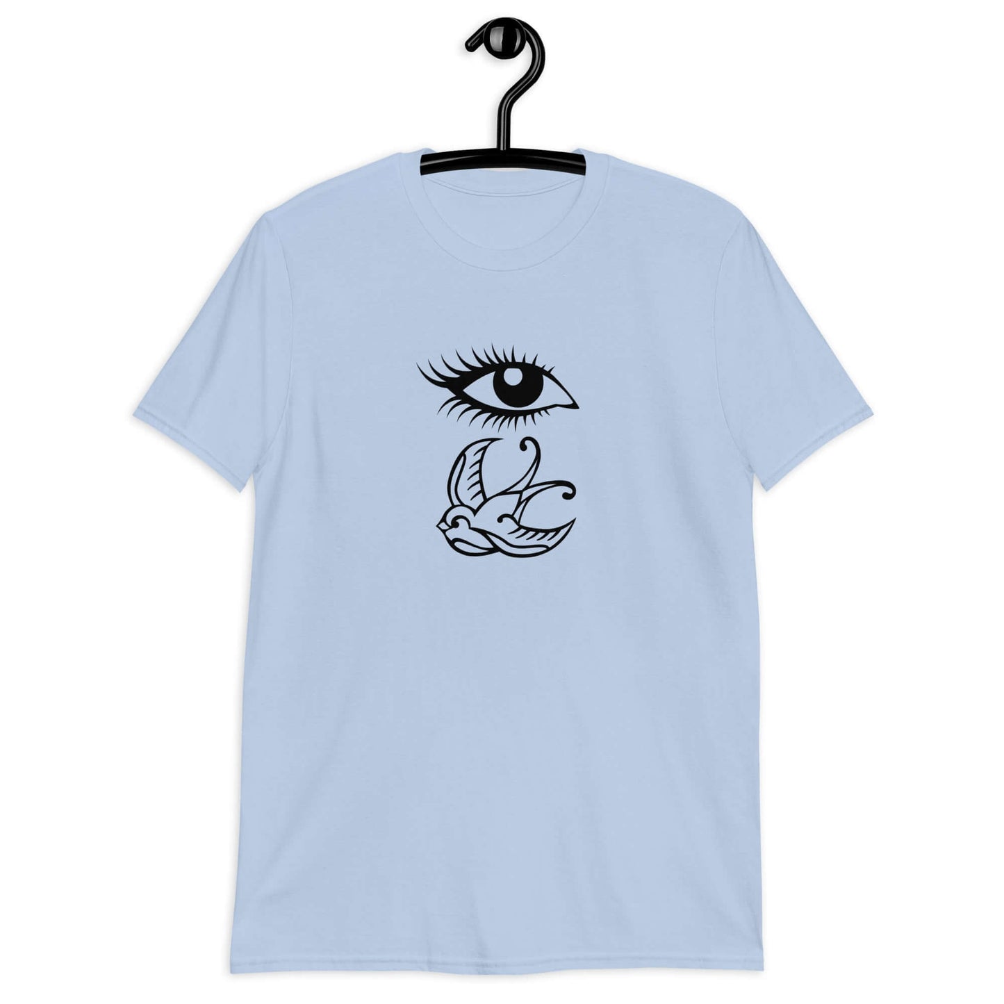 Light blue t-shirt with outline drawing of an eye and a swallow bird printed on the front.