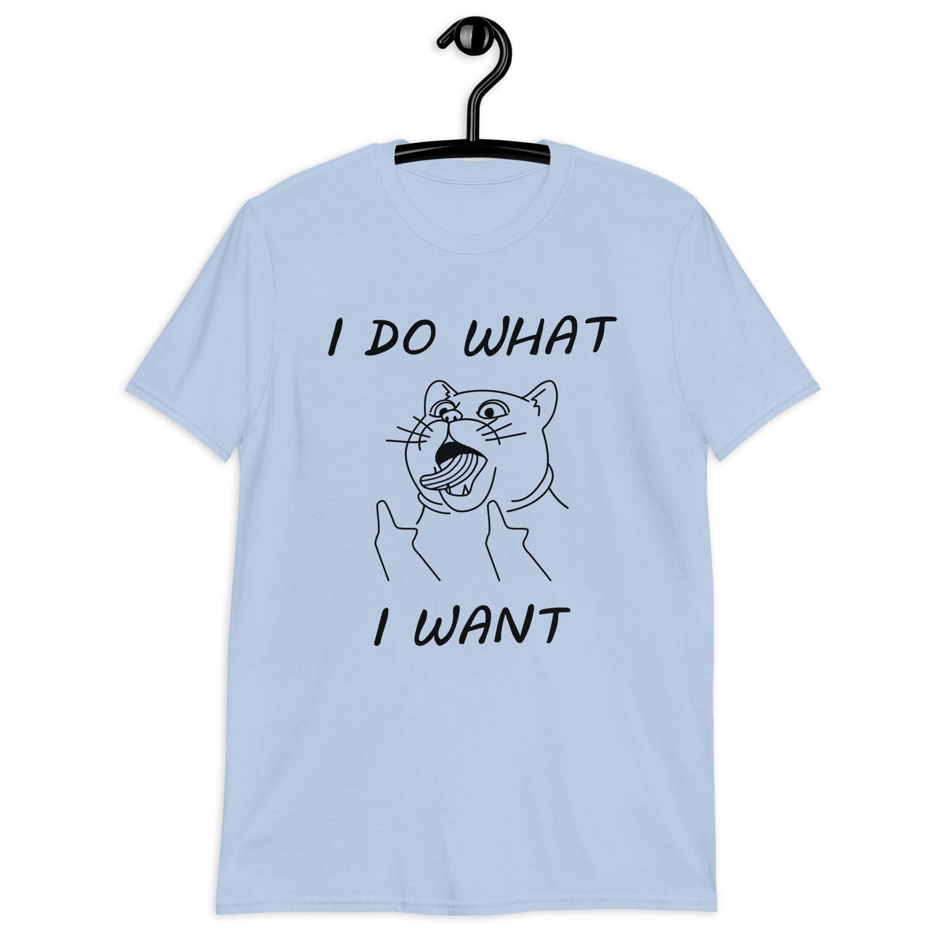 Light blue t-shirt with cat flipping middle fingers and the words I do what I want printed on the front.