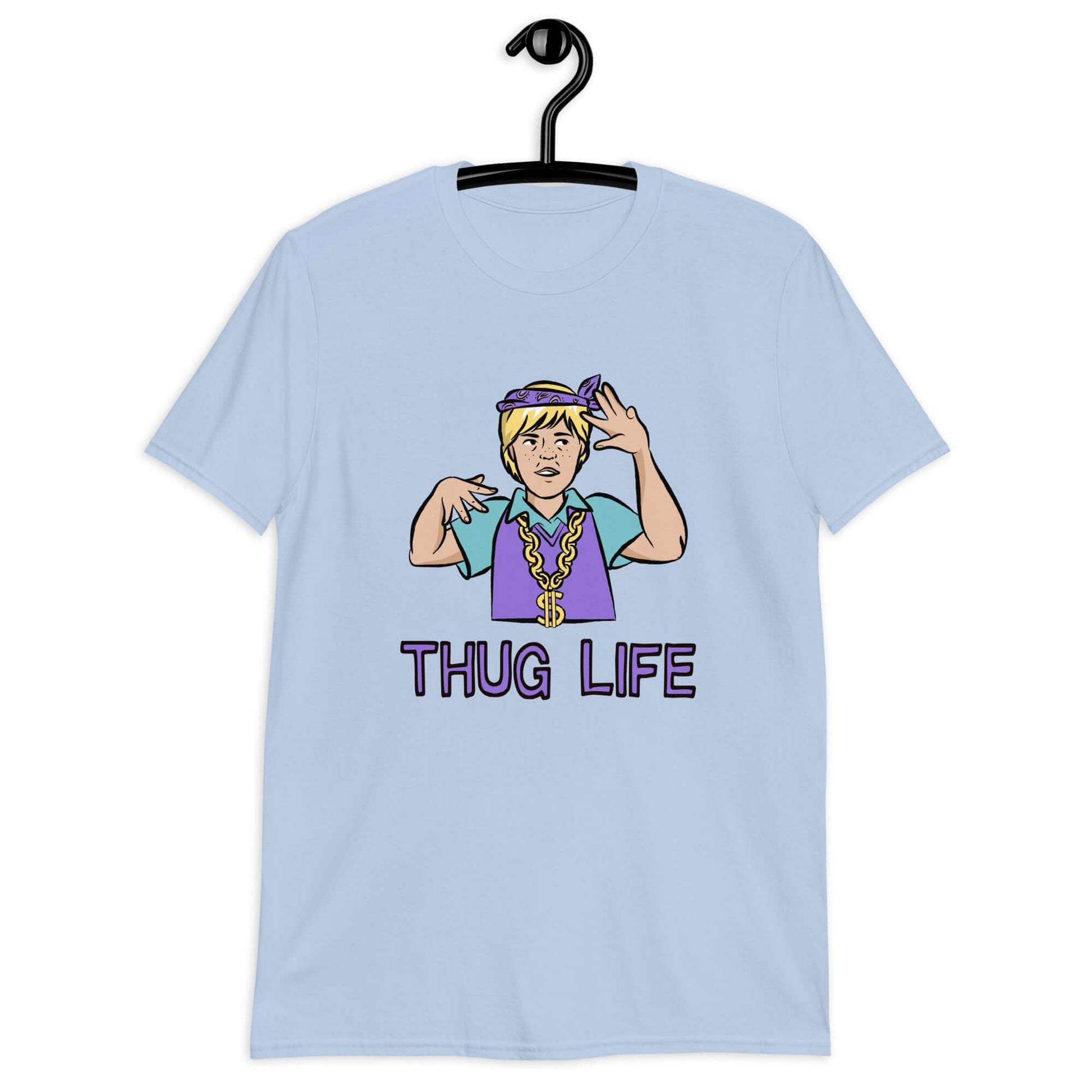 Light blue t-shirt with a parody image of a blond haired child trying to be a gangster with the words Thug Life printed on the front.